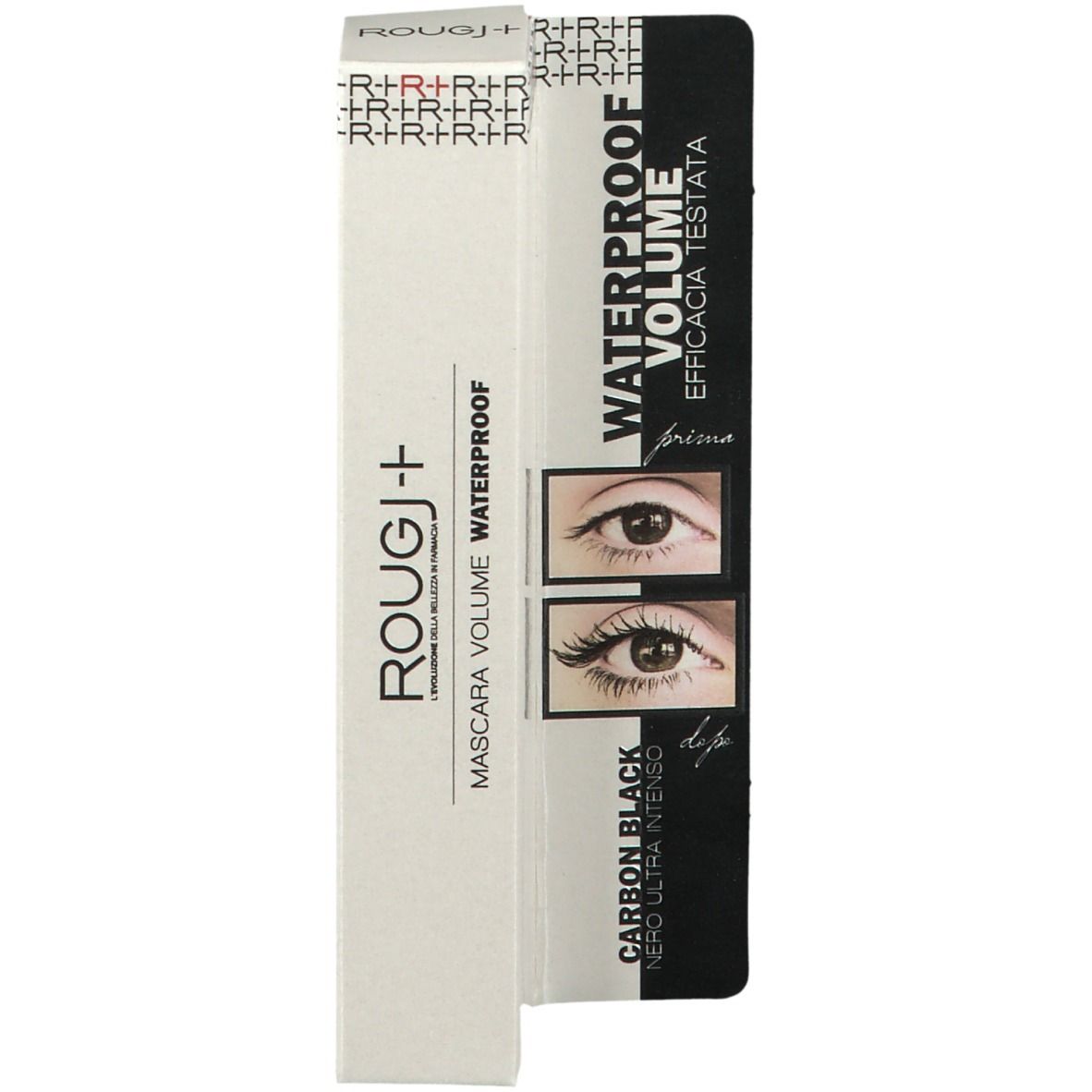 Brosse de mascara noire et emballage. Inscription: ROUGJ+, WATERPROOF, MASCARA VOLUME. Illustration des yeux.