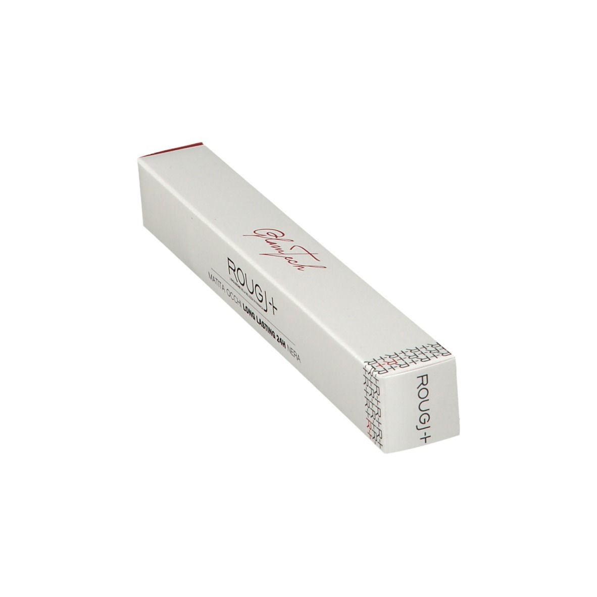 Schräg liegende, längliche weiße Verpackung. Aufschrift: Glamtech, ROUGJ+, MATITA OCCHI LONG LASTING 24H NERA. Siegel.