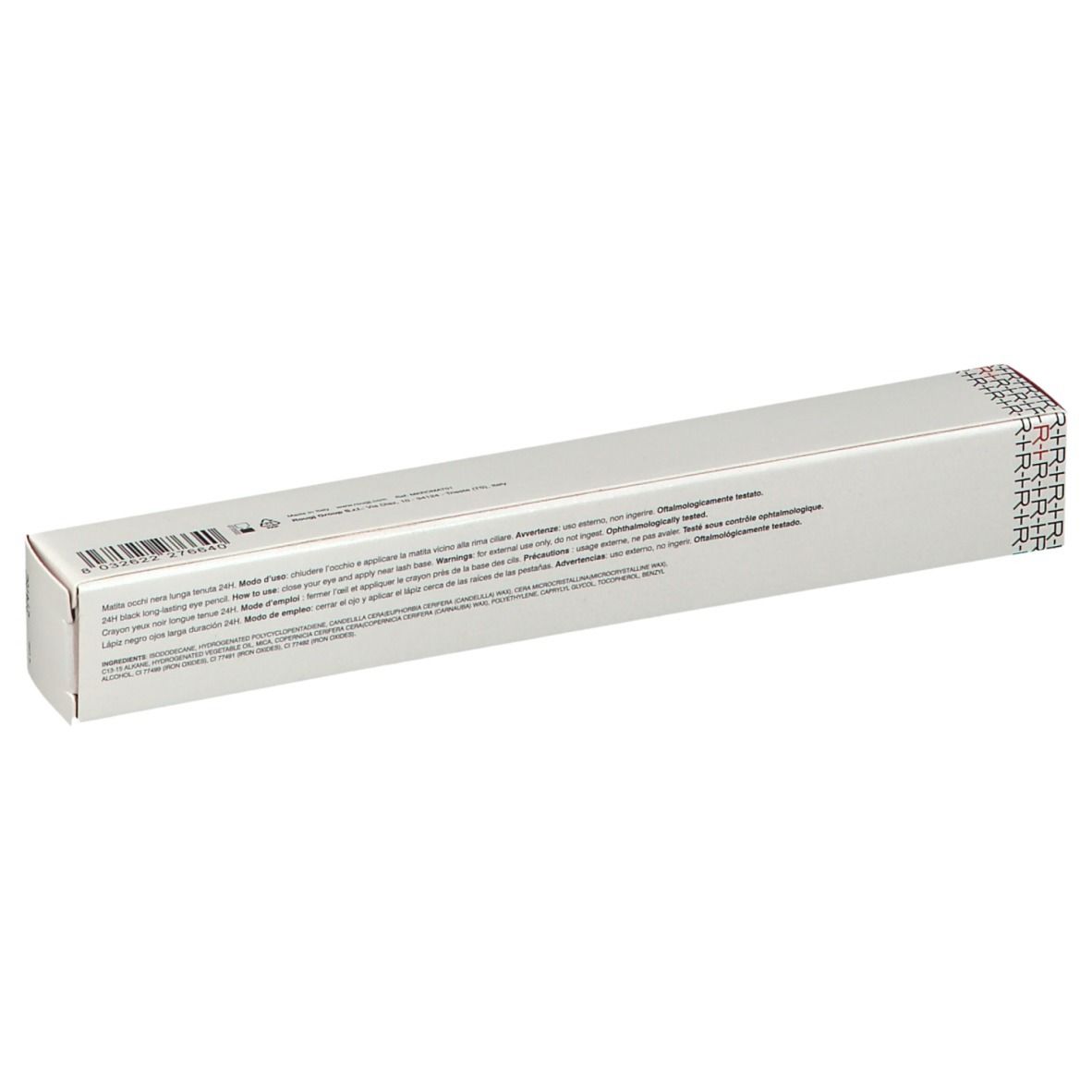 Rückseite einer länglichen weißen Verpackung. Text: Produktinformationen, Inhaltsstoffe. Siegel an der Seite.