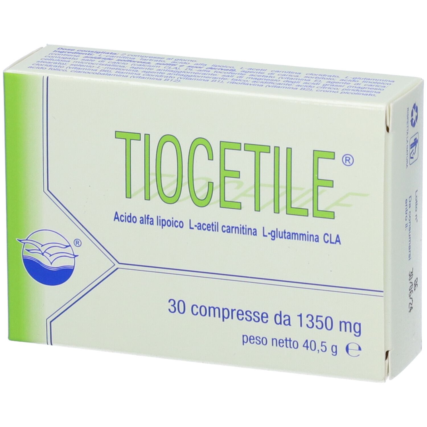 Boîte rectangulaire avec "TIOCETILE" et ingrédients. 30 comprimés, 1350 mg.