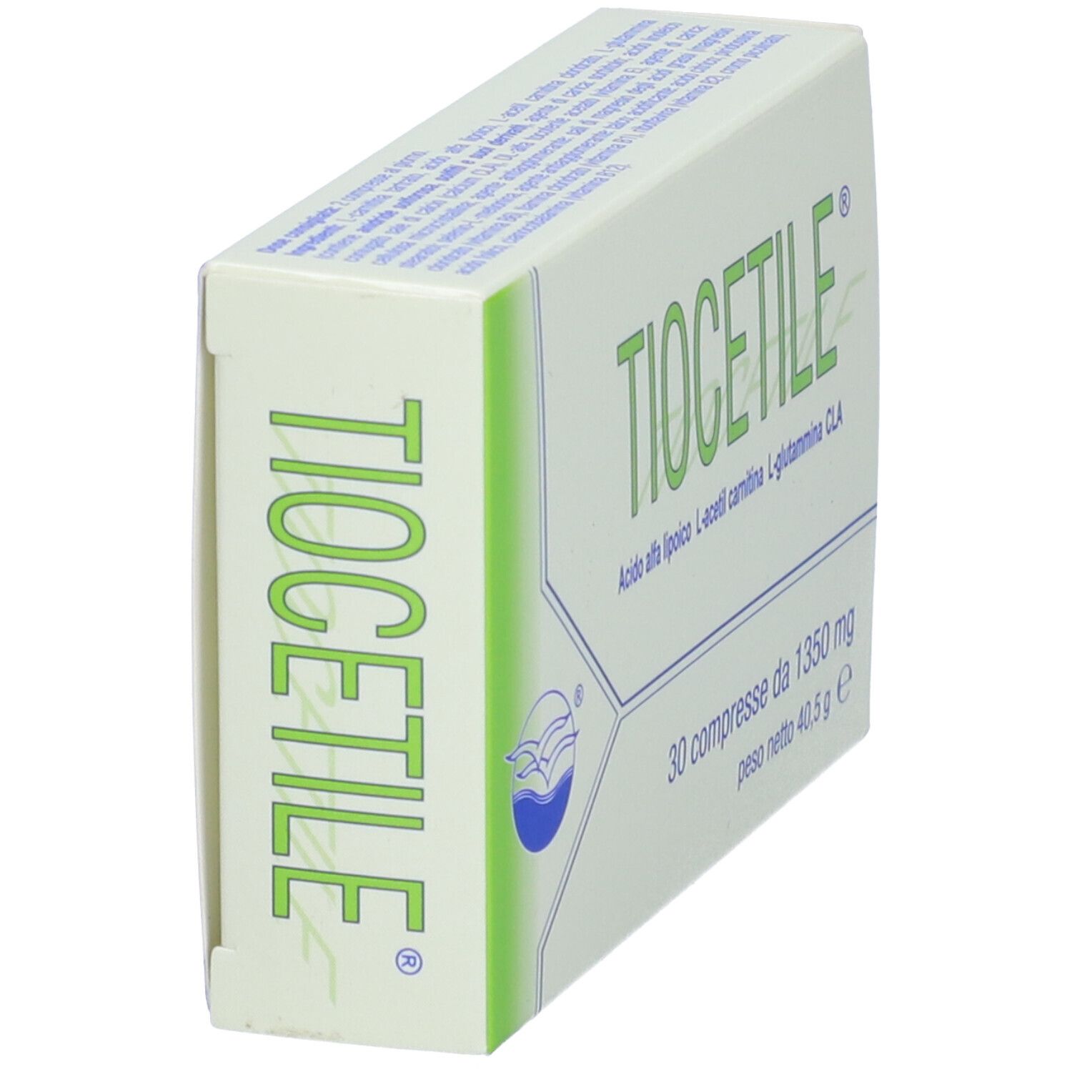 Boîte avec "TIOCETILE" et ingrédients. 30 comprimés, 1350 mg.