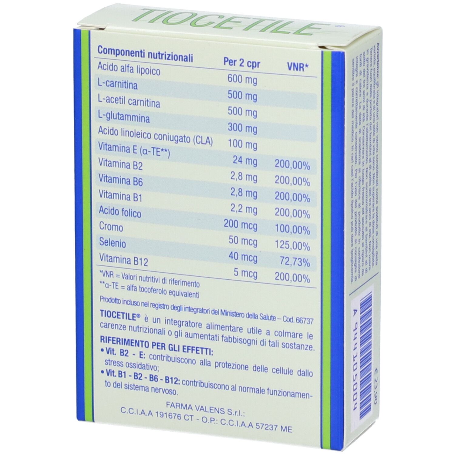 Dos de la boîte avec informations nutritionnelles et ingrédients. Contient des vitamines.