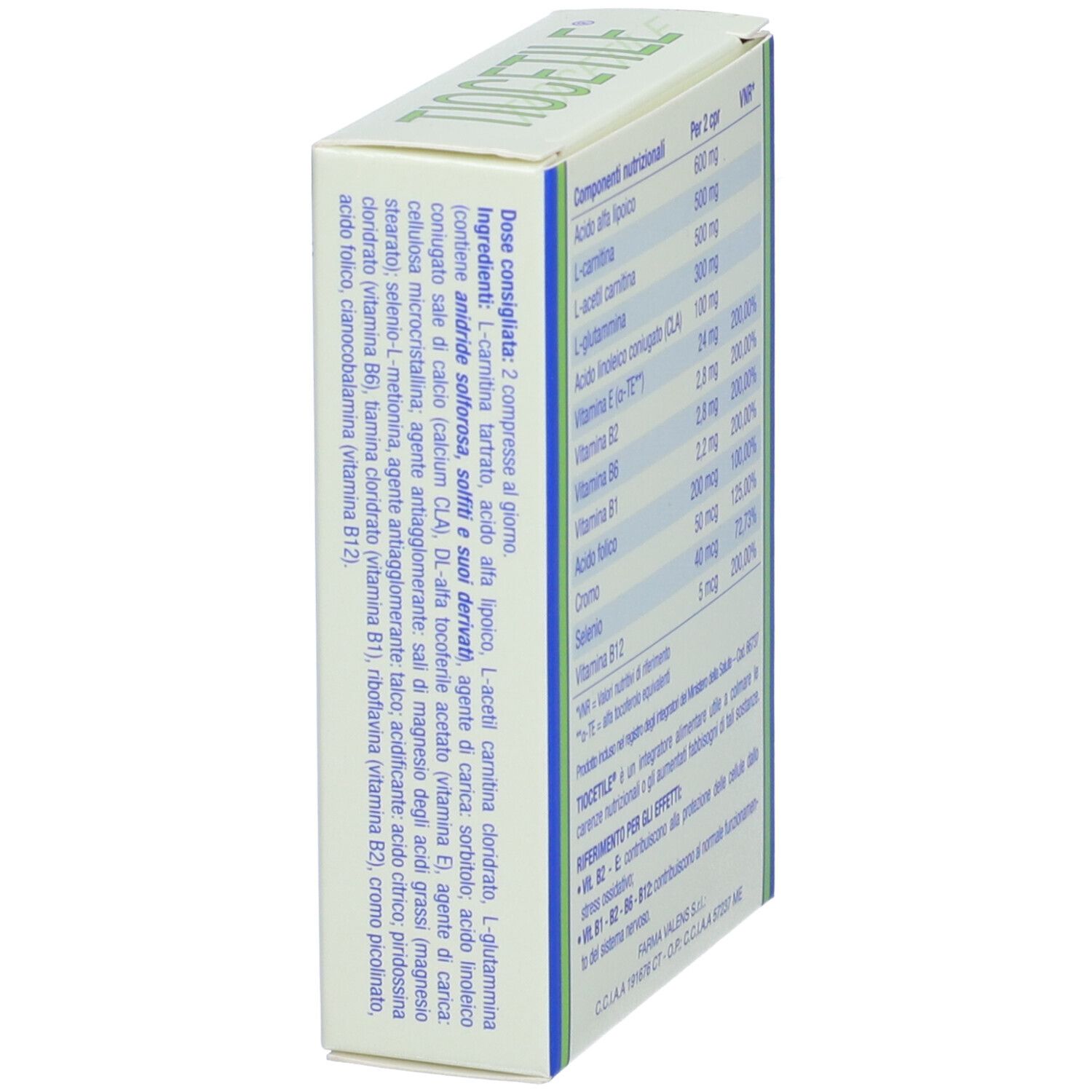 Dos de la boîte avec ingrédients et dosage. Contient de la L-Carnitine.