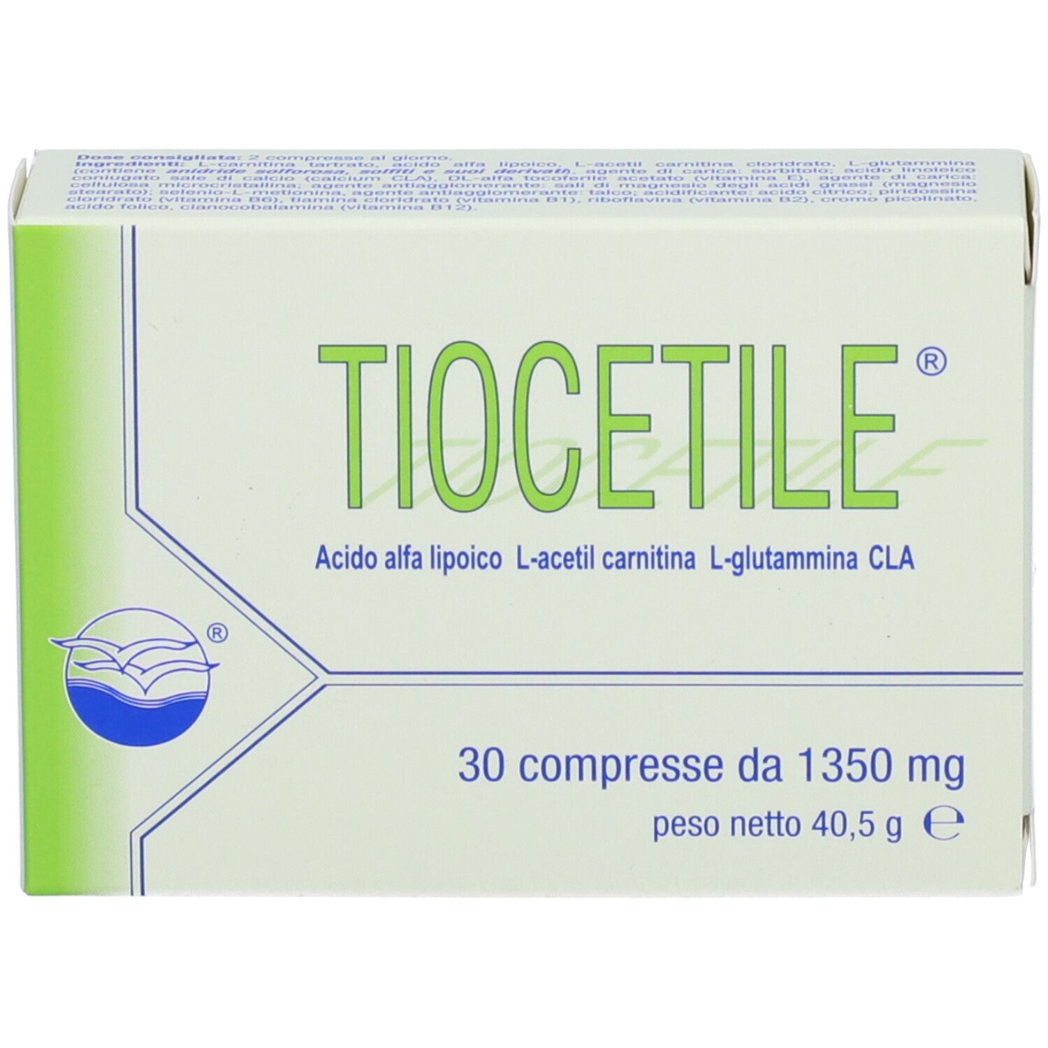 Boîte avec "TIOCETILE", ingrédients et 30 comprimés.