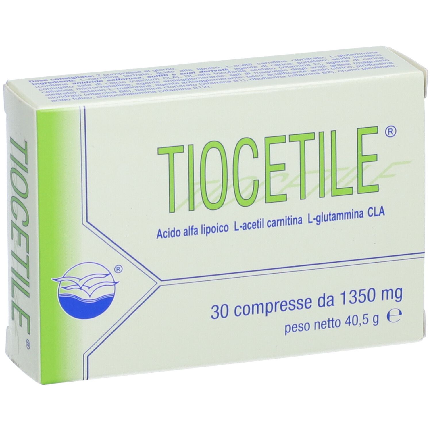 Boîte avec "TIOCETILE", ingrédients et 30 comprimés.