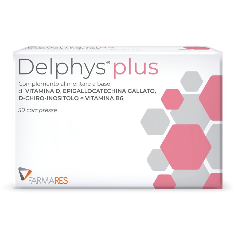 Weiße Schachtel mit rosa und grauen geometrischen Formen. Text: Delphys plus, 30 compresse, Farmares Logo.