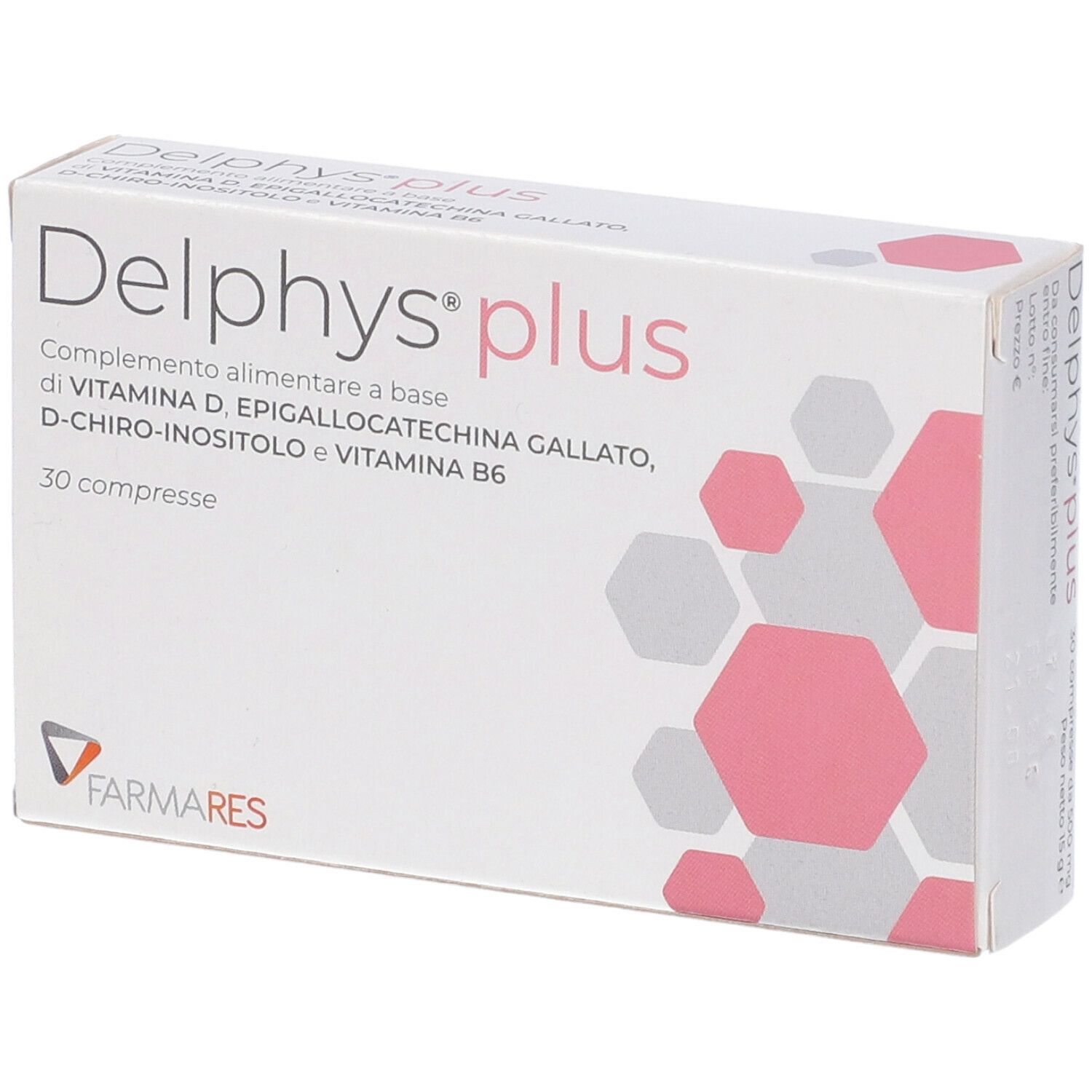Weiße Schachtel, schräg gestellt, mit rosa und grauen geometrischen Formen. Text: Delphys plus, 30 compresse, Farmares Logo.