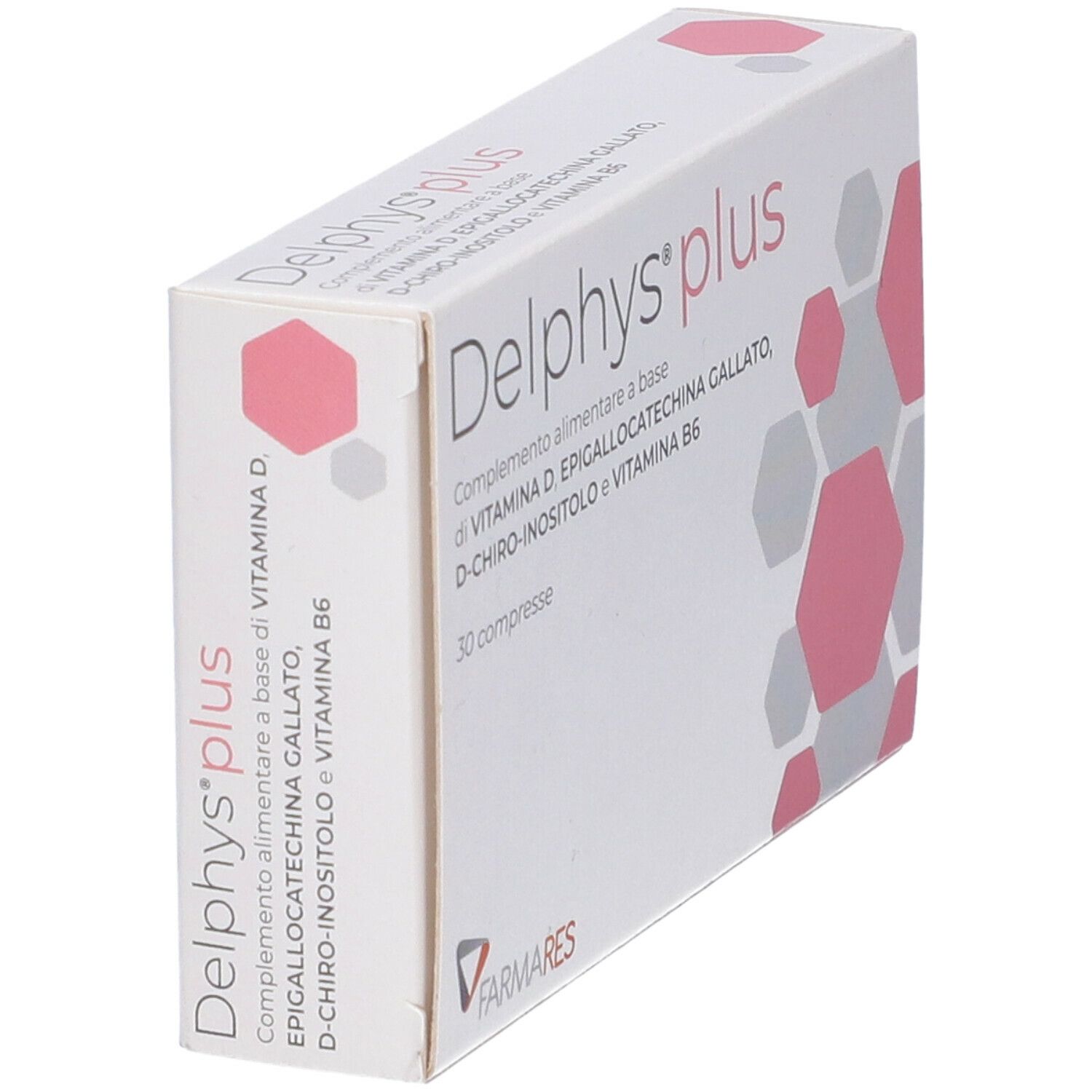Schachtel schräg gestellt, weiß mit rosa und grauen geometrischen Formen. Text: Delphys plus, 30 compresse, Farmares Logo.