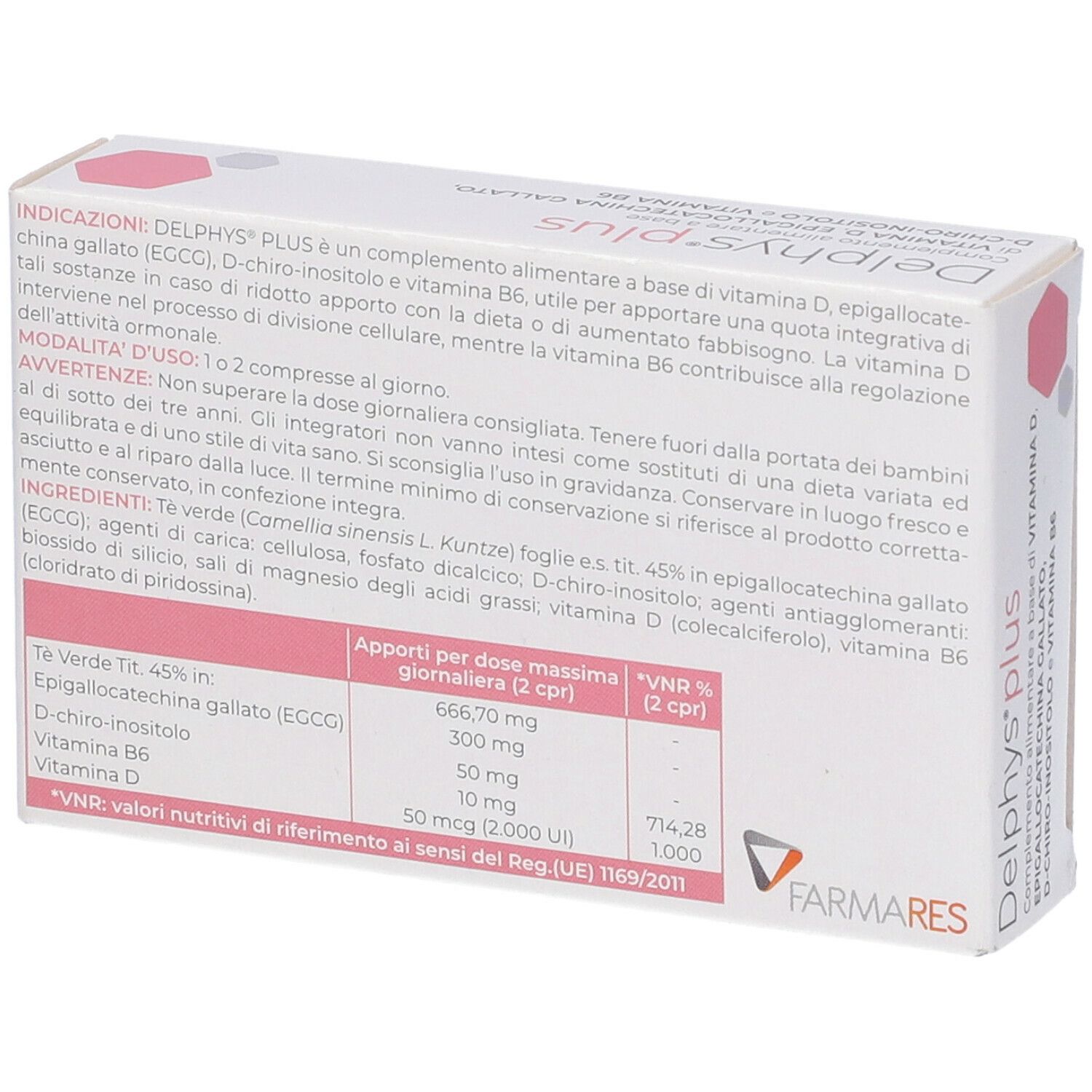 Rückseite der weißen Schachtel mit Text und Inhaltsangaben. Farmares Logo. Rosa und graue geometrische Formen.