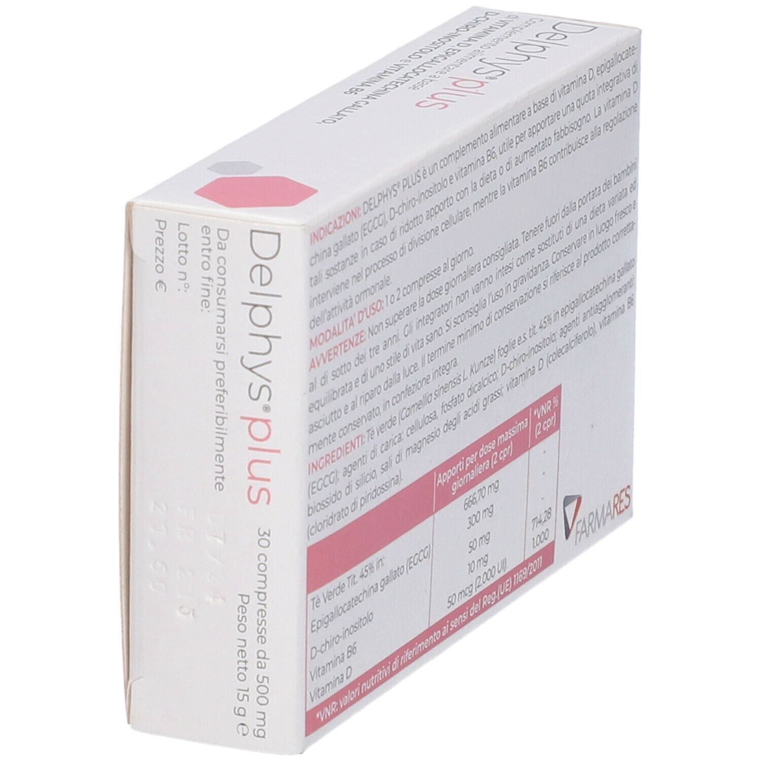 Schachtel schräg gestellt, Rückseite mit Text und Inhaltsangaben. Farmares Logo. Rosa und graue geometrische Formen.