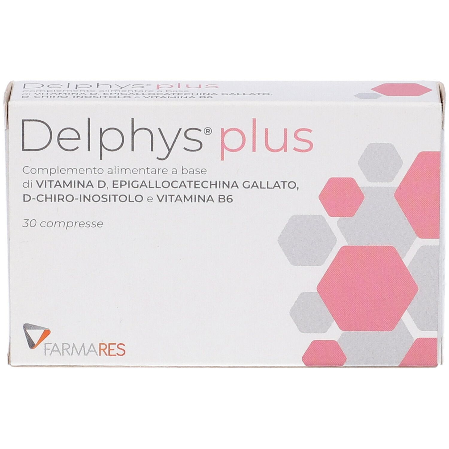 Weiße Schachtel mit rosa und grauen geometrischen Formen. Text: Delphys plus, 30 compresse, Farmares Logo.