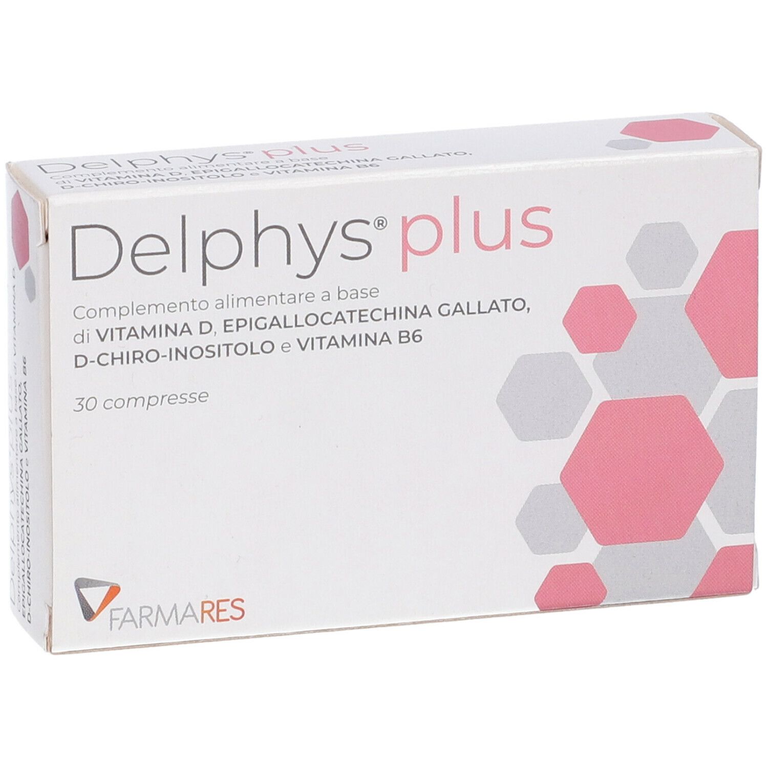 Weiße Schachtel mit rosa und grauen geometrischen Formen. Text: Delphys plus, 30 compresse, Farmares Logo.