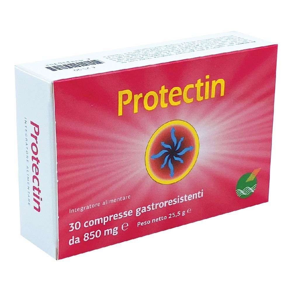 Boîte "Protectin" sur fond rouge avec cercle jaune et motif étoile bleu. Texte : 30 comprimés, 850 mg.
