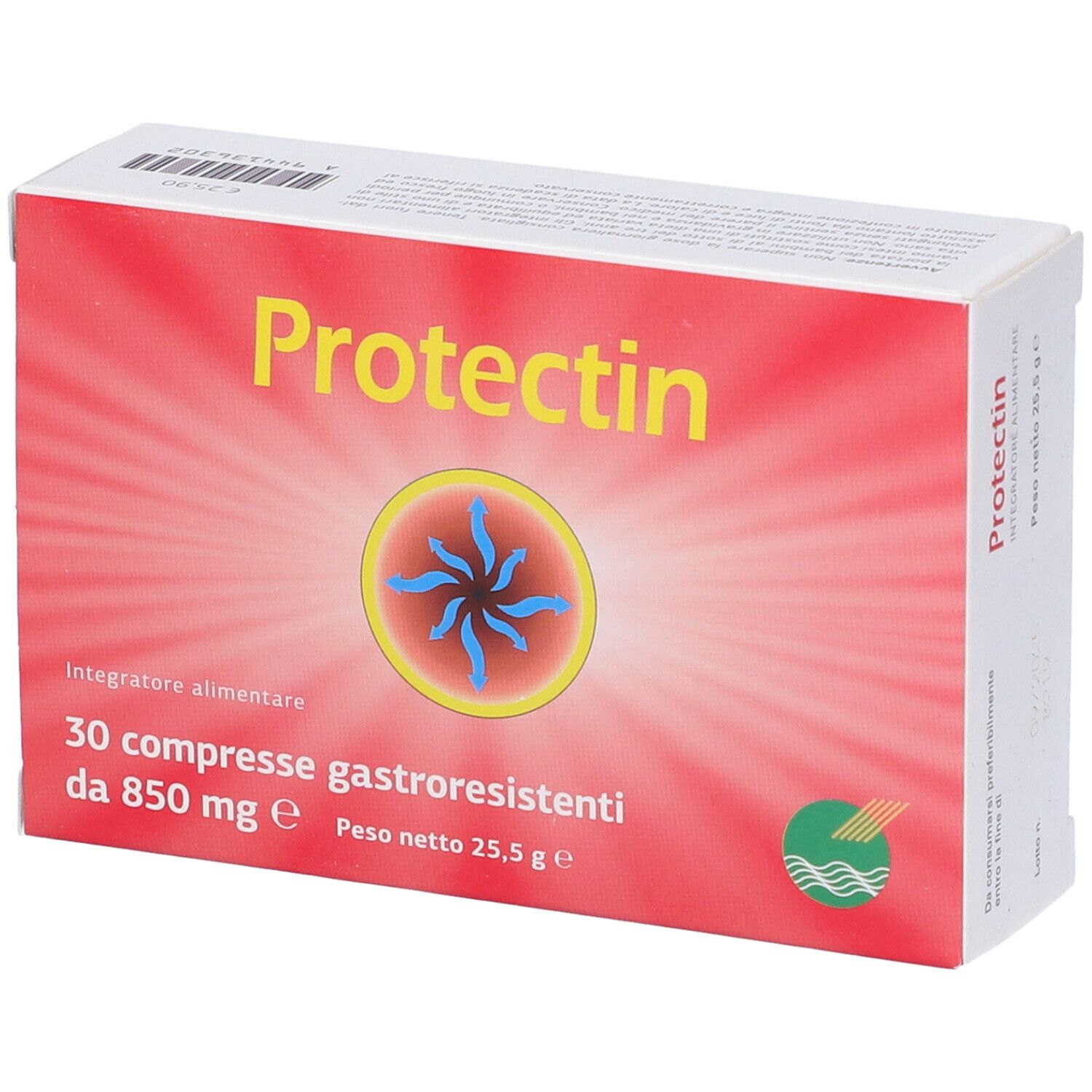 Boîte "Protectin" sur fond rouge, cercle jaune et motif étoile bleu. Texte : 30 comprimés, 850 mg.