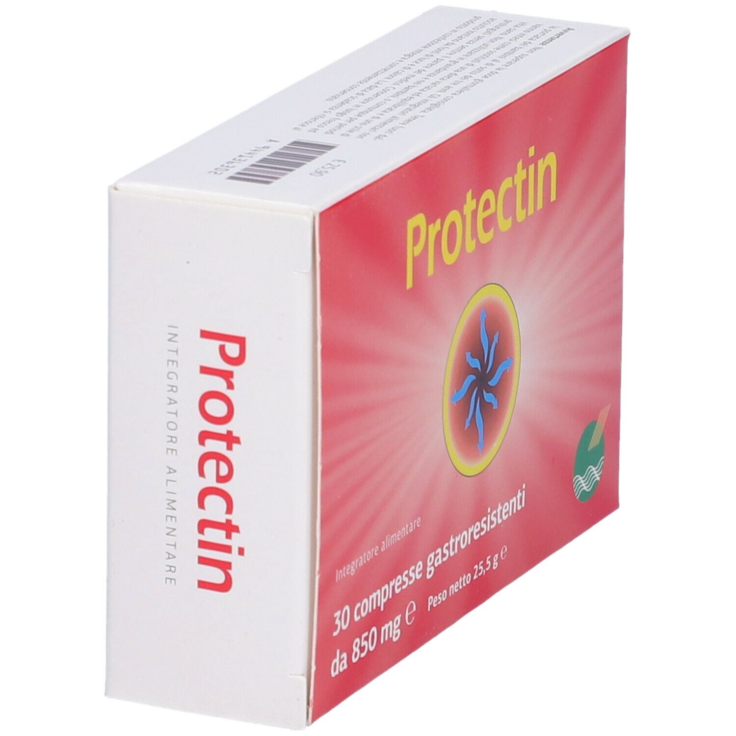 Boîte "Protectin" sur fond rouge, cercle jaune et motif étoile bleu. Texte : 30 comprimés, 850 mg.