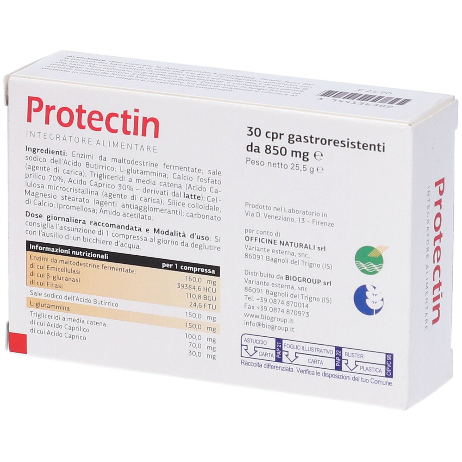 Boîte "Protectin" ouverte. Fond rouge, texte et informations. 30 comprimés, 850 mg. Ingrédients et posologie.