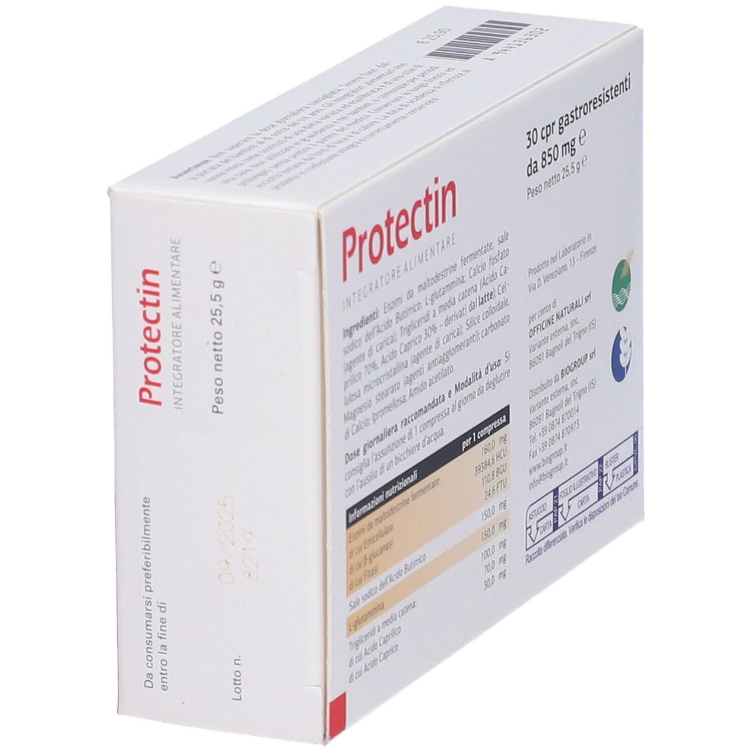 Boîte "Protectin" avec fond rouge, texte et informations. 30 comprimés, 850 mg. Ingrédients et posologie.