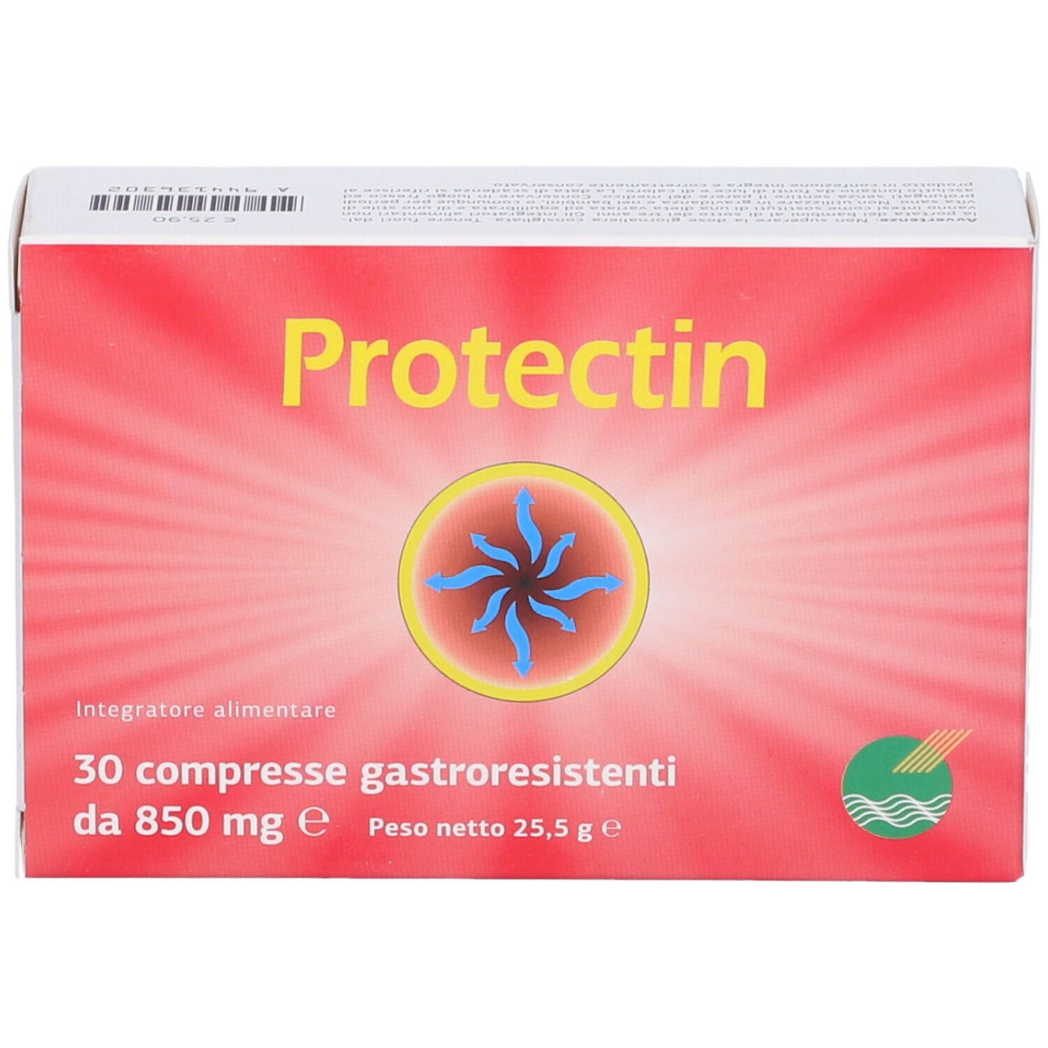 Boîte "Protectin" sur fond rouge, cercle jaune et motif étoile bleu. Texte : 30 comprimés, 850 mg.