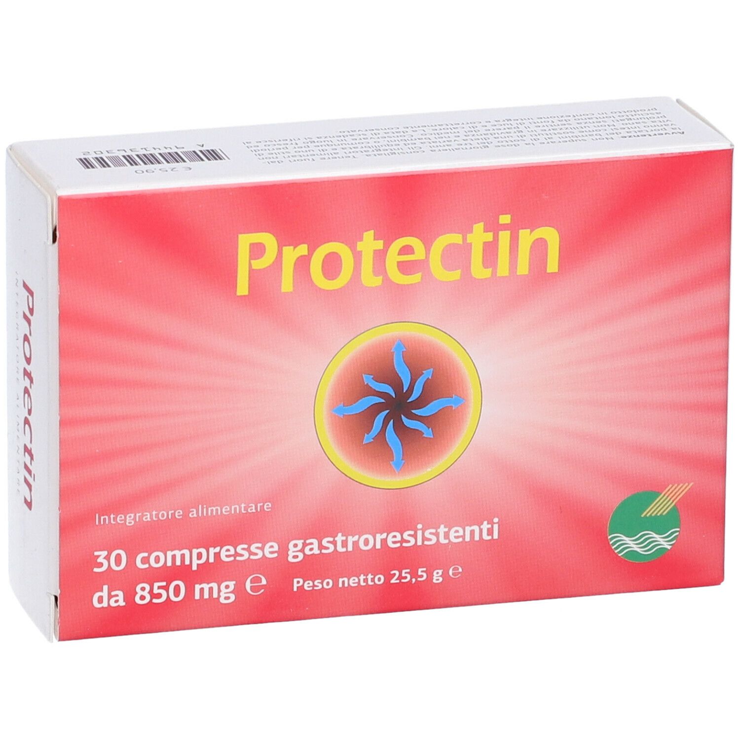 Boîte "Protectin" sur fond rouge, cercle jaune et motif étoile bleu. Texte : 30 comprimés, 850 mg.