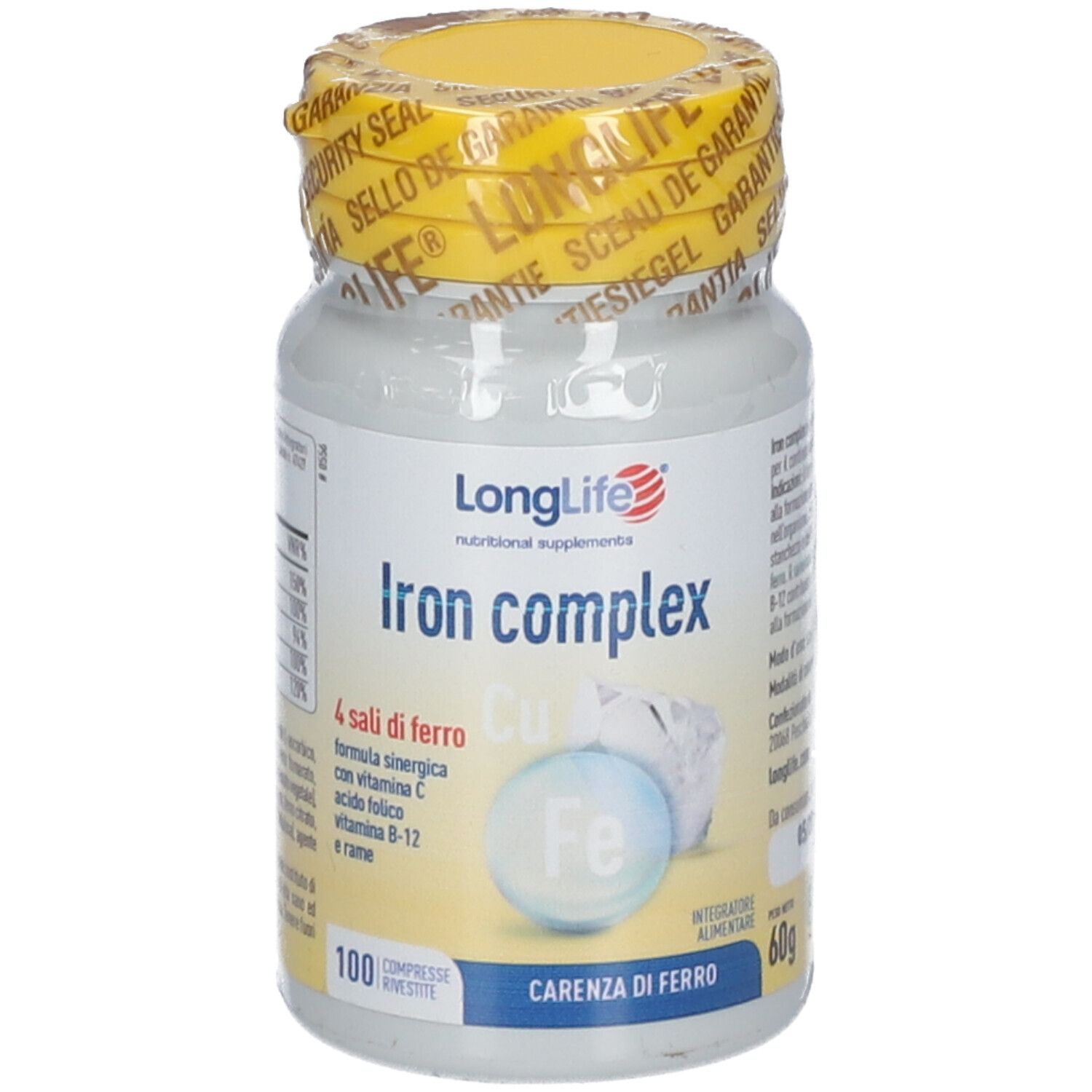 LongLife Iron Complex Nahrungsergänzungsmittel in weißer Flasche, 100 Tabletten.