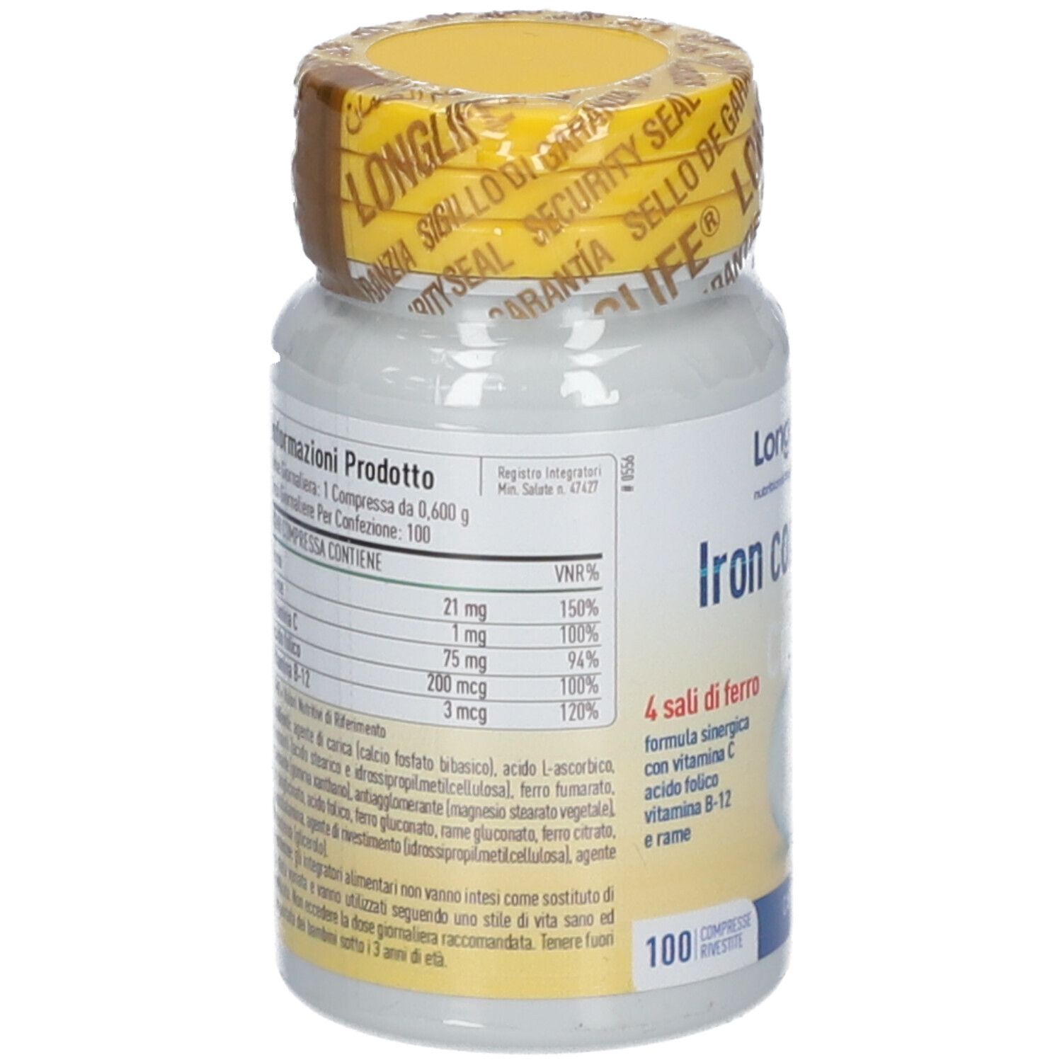 Rückseite der LongLife Iron Complex Flasche mit Nährwertangaben und Inhaltsstoffen.
