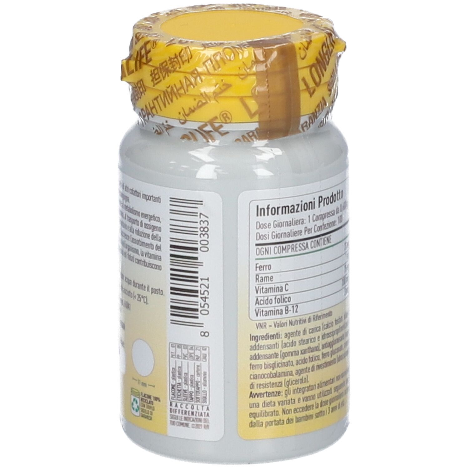 Seitenansicht der LongLife Iron Complex Flasche mit Barcode und Produktinformationen.