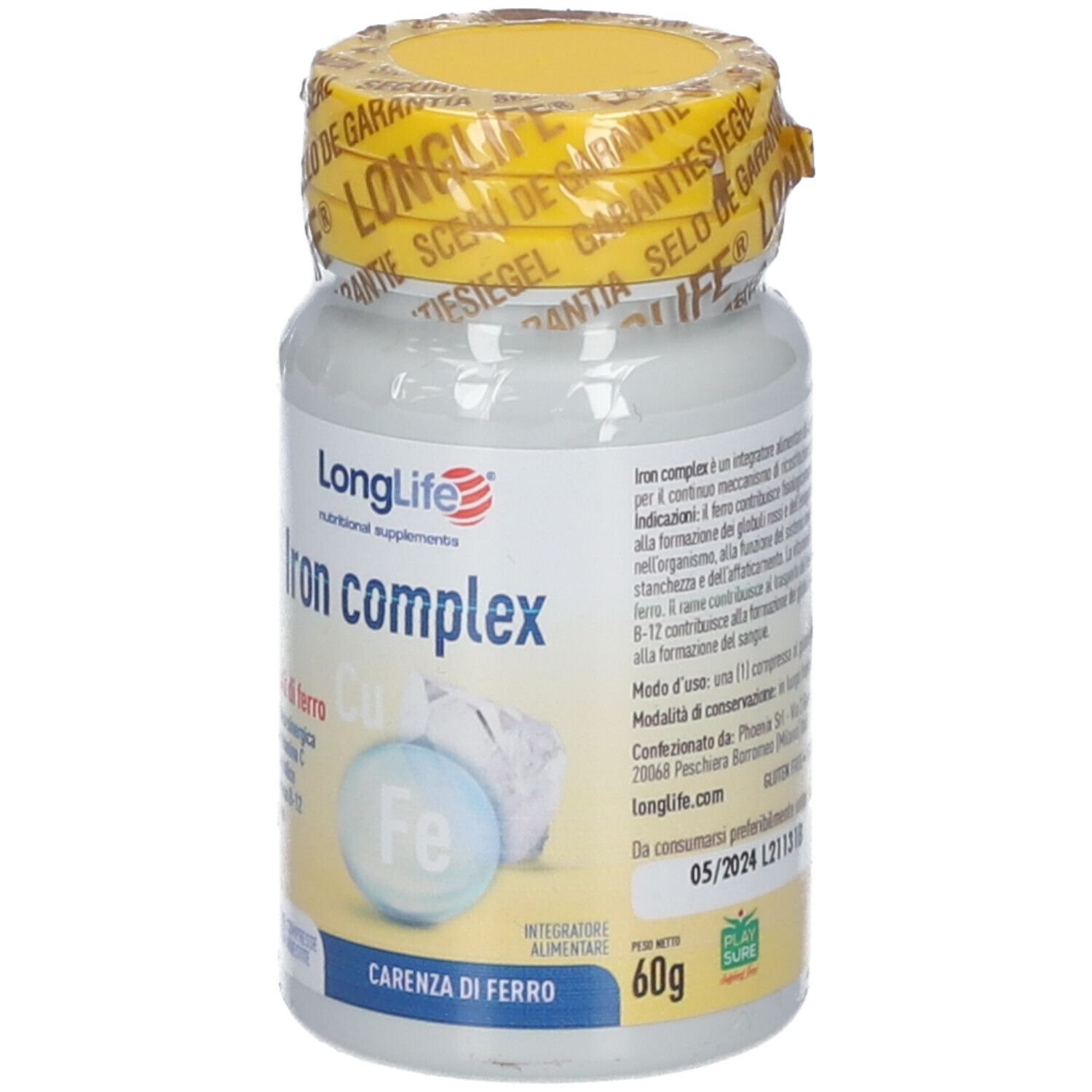LongLife Iron Complex Flasche mit Detailansicht der Inhaltsstoffe und Gewicht (60g).