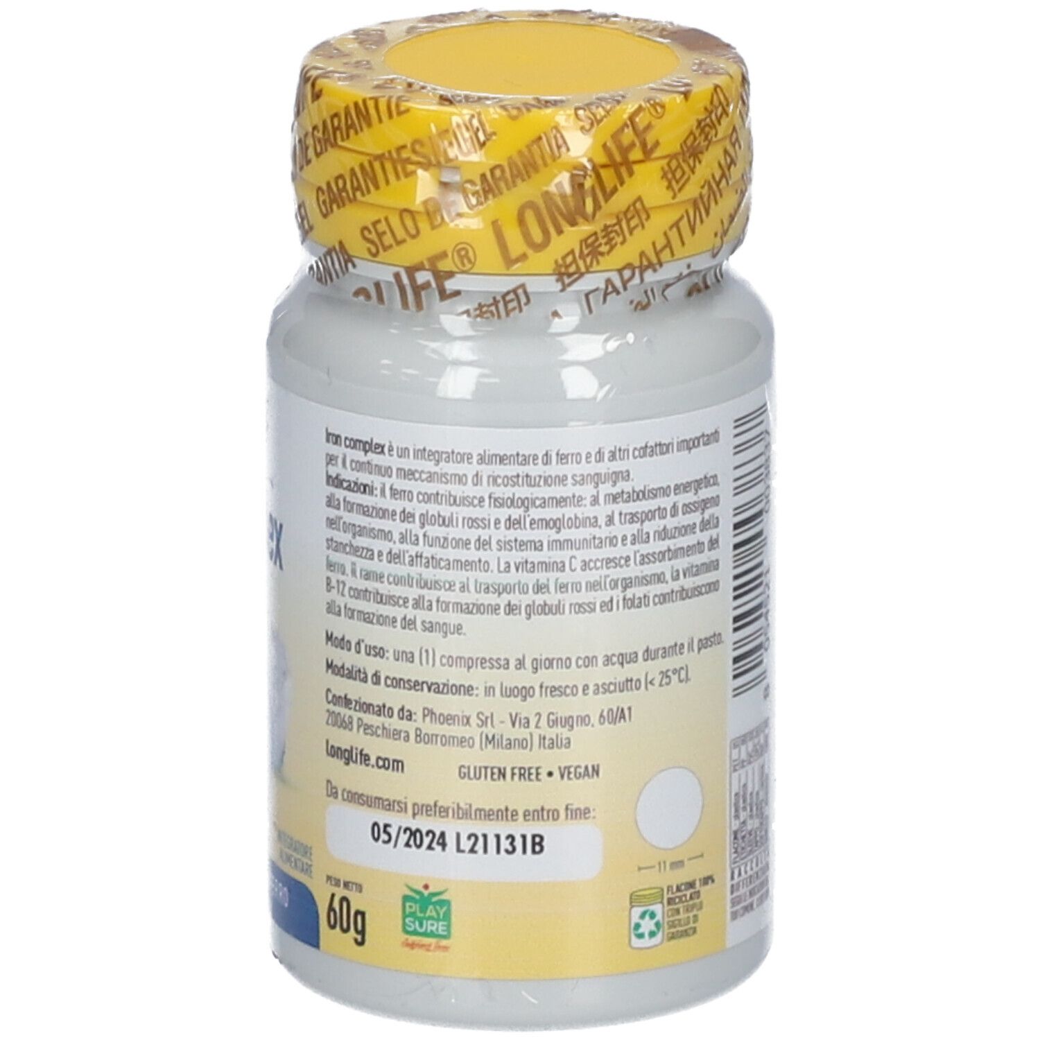 Rückseite der LongLife Iron Complex Flasche mit Hinweisen zur Aufbewahrung und veganem Siegel.