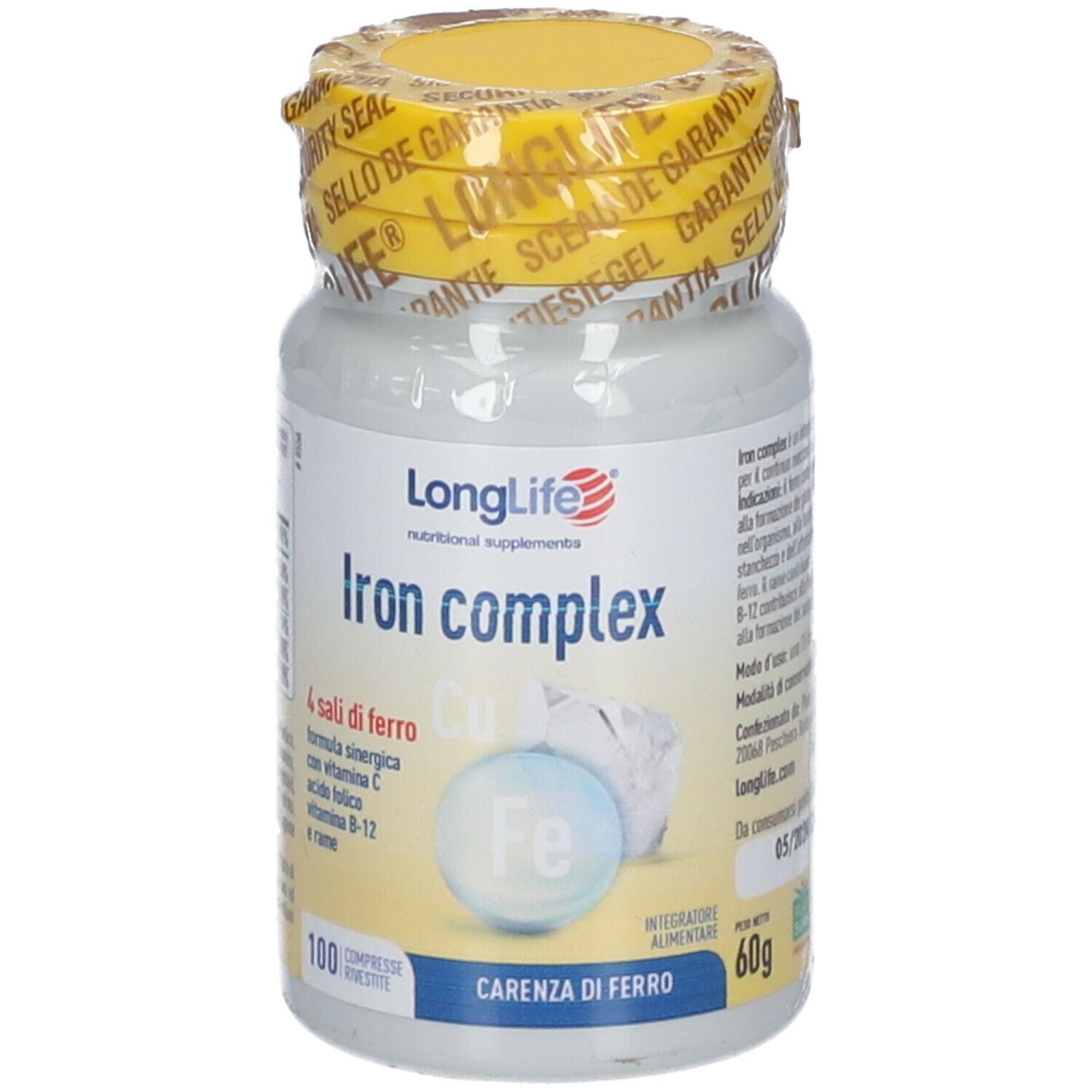 LongLife Iron Complex Flasche, Vorderansicht mit Fokus auf 'Eisenmangel' und 100 Tabletten.