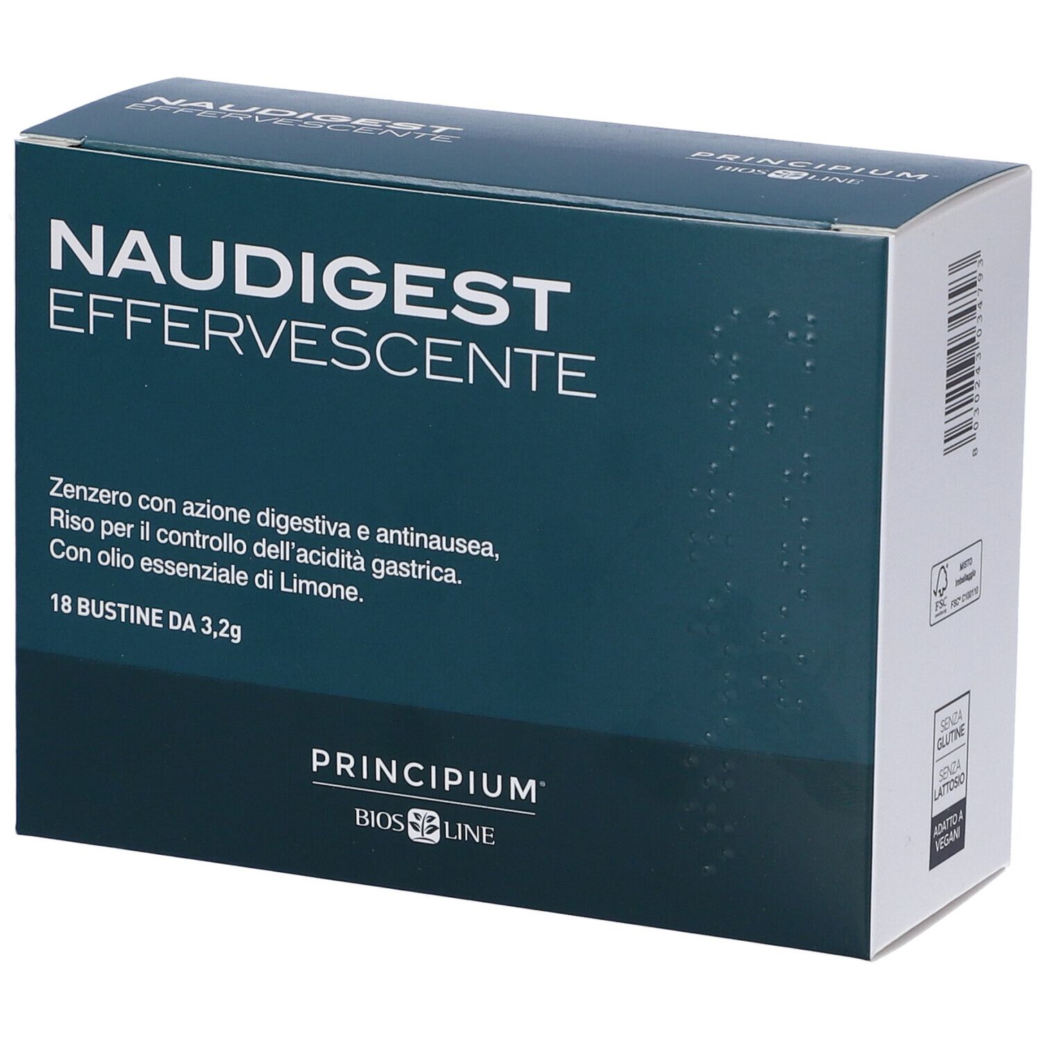 Boîte bleu foncé avec texte 'NAUDIGEST EFFERVESCENTE'. Contient 18 sachets. Marque : Principium Bios Line.