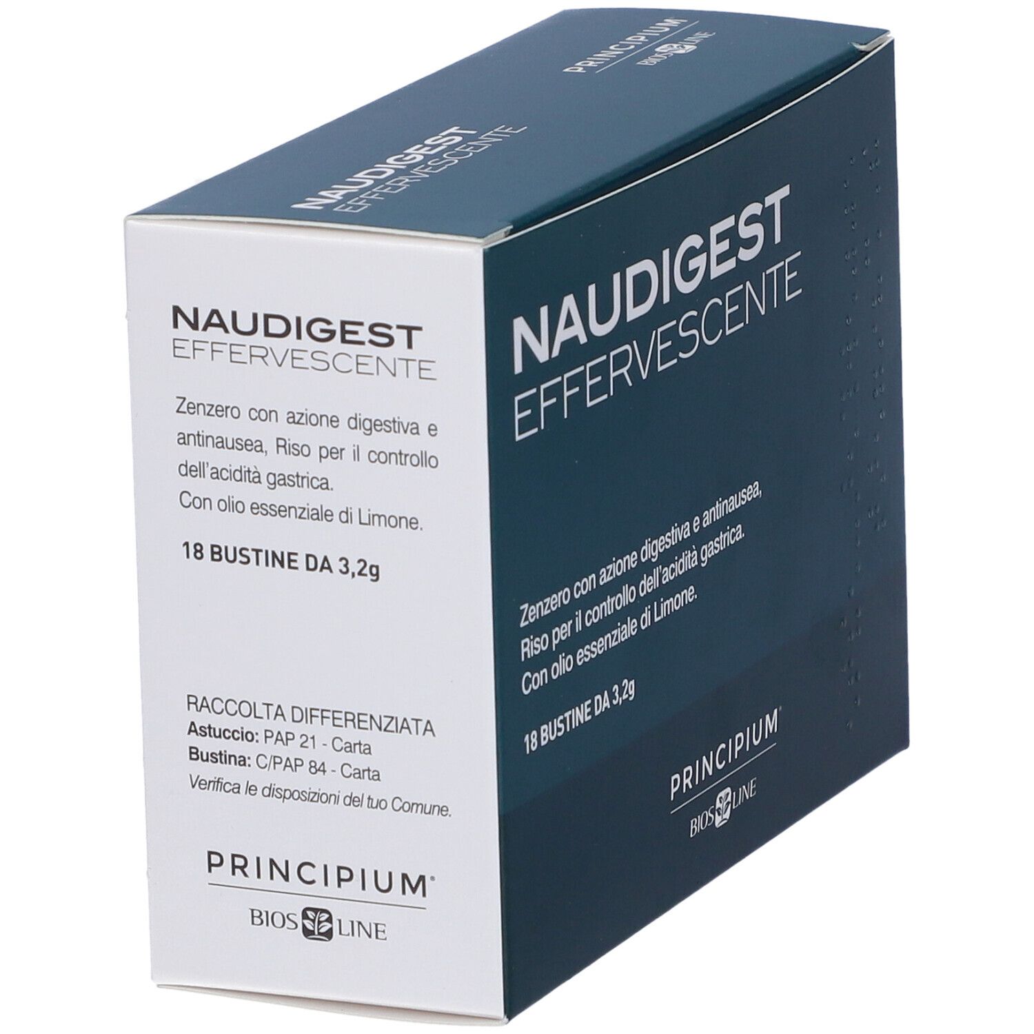 Boîte avec texte 'NAUDIGEST EFFERVESCENTE'. Contient 18 sachets. Marque : Principium Bios Line. Vue latérale.