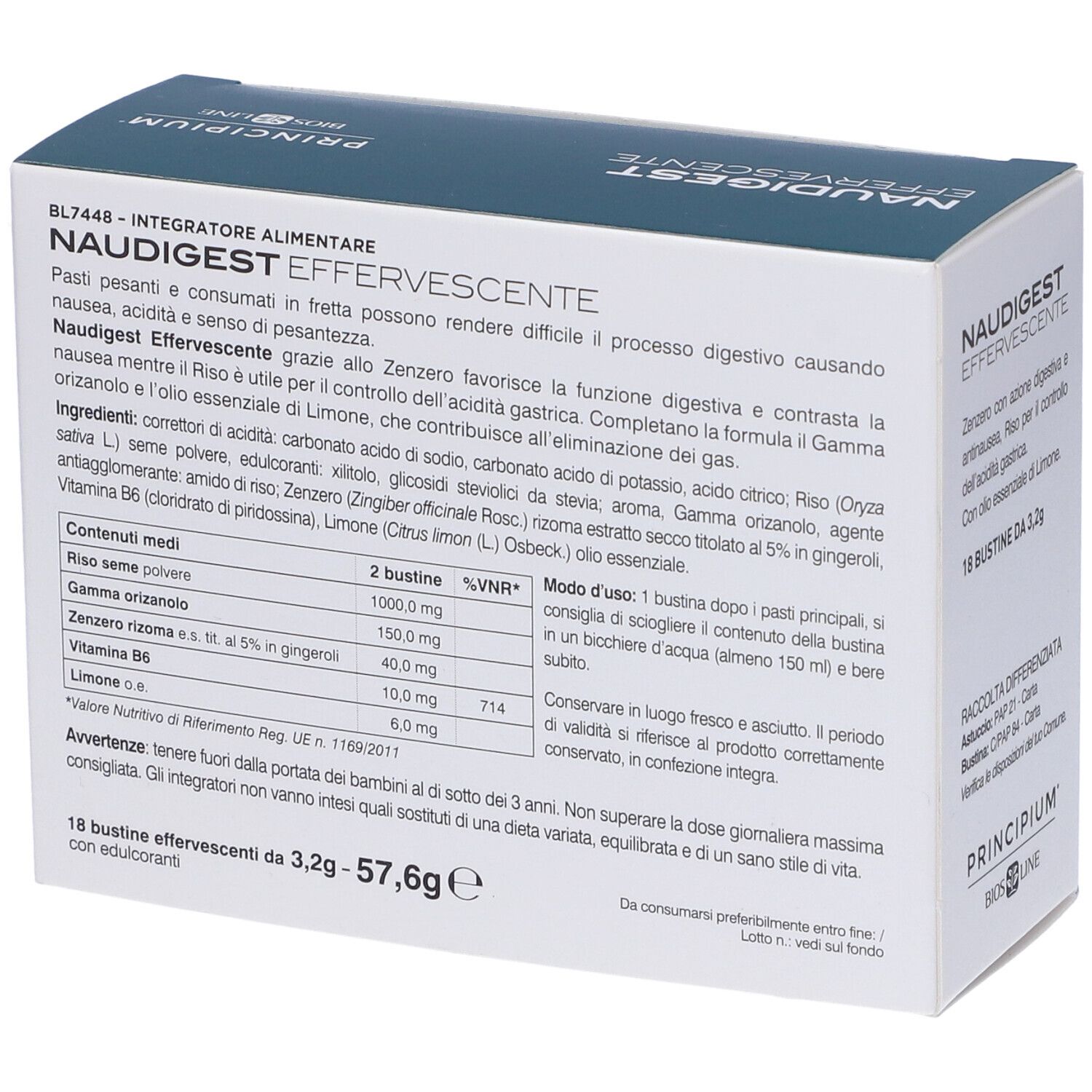 Dos de la boîte avec texte. Contient des informations sur les ingrédients et les valeurs nutritionnelles. Marque : Principium Bios Line.