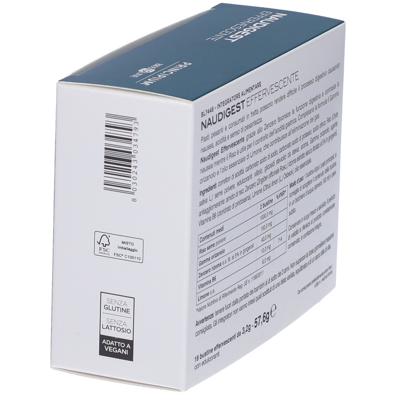 Dos de la boîte avec texte et code-barres. Contient des informations sur les ingrédients. Marque : Principium Bios Line.