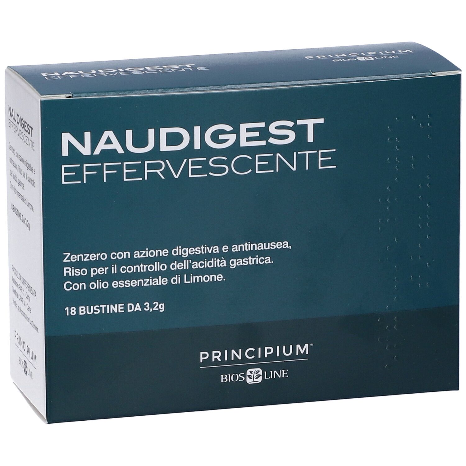 Boîte bleu foncé avec texte 'NAUDIGEST EFFERVESCENTE'. Contient 18 sachets. Marque : Principium Bios Line.