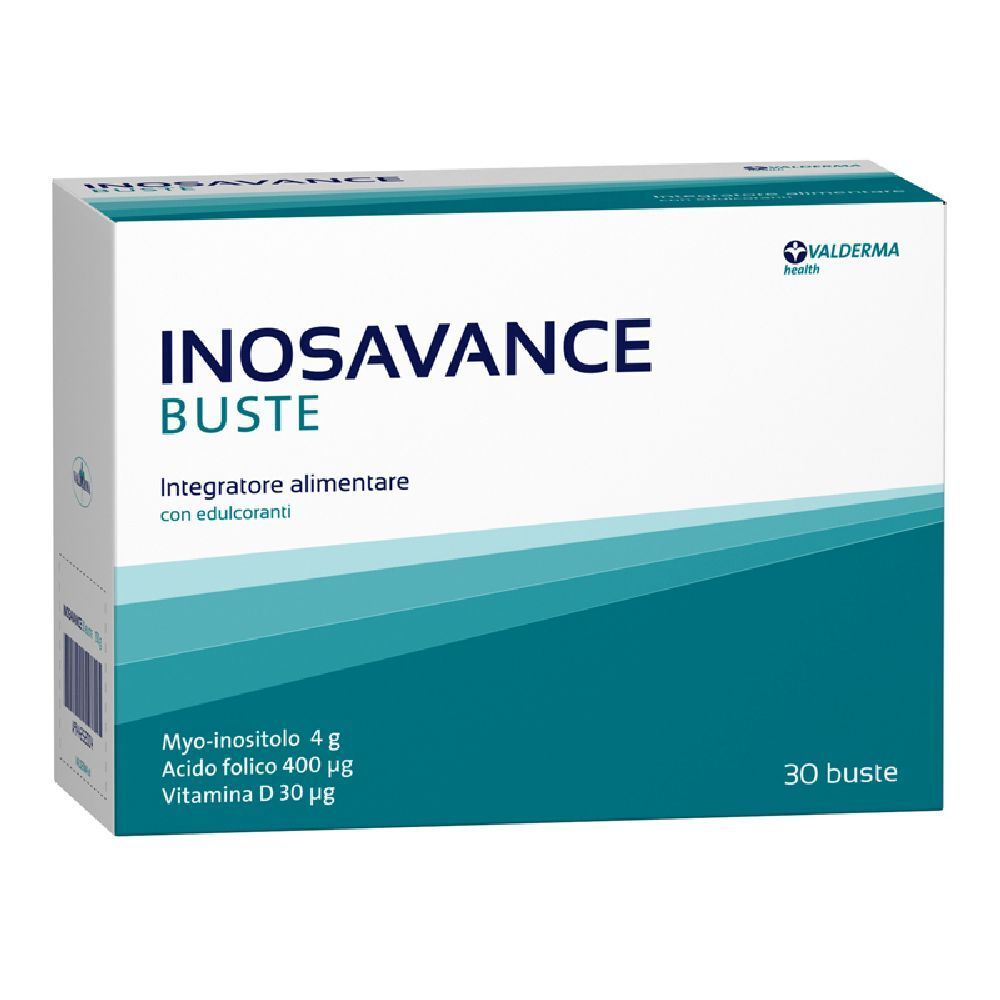 Boîte blanche avec texte bleu. Inscription: INOSAVANCE BUSTE. Contient myo-inositol, acide folique et vitamine D. 30 sachets.