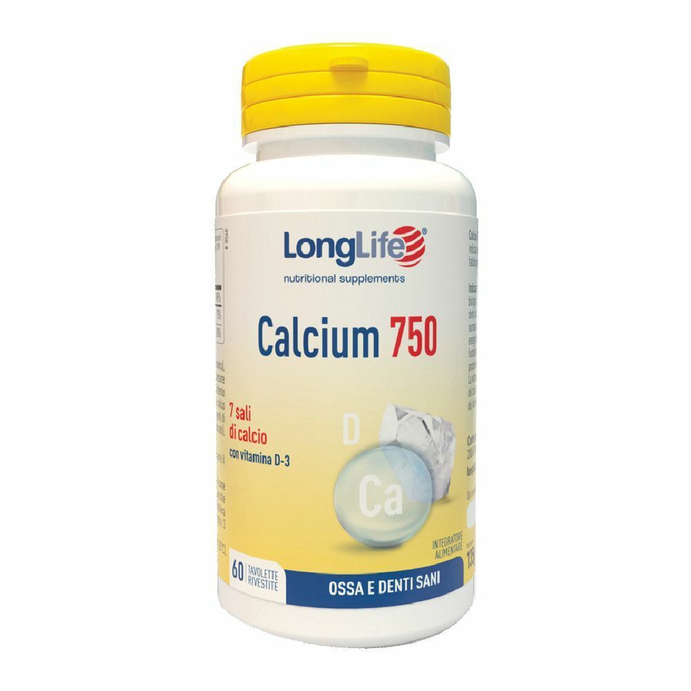 Flacon blanc avec bouchon jaune. Inscription: LongLife Calcium 750. Contient 60 comprimés. Illustration d'os et de vitamine D.