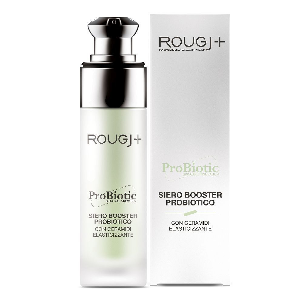 Serumflasche mit Pumpe und Karton. Aufschrift: ROUGJ+, ProBiotic, Siero Booster Probiotico.