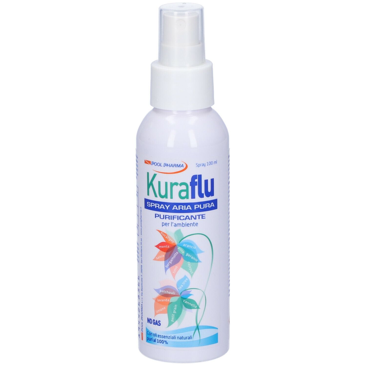 Flacon spray blanc Kuraflu. Texte: Spray Aria Pura, Purificante per l'ambiente. Motif floral coloré.