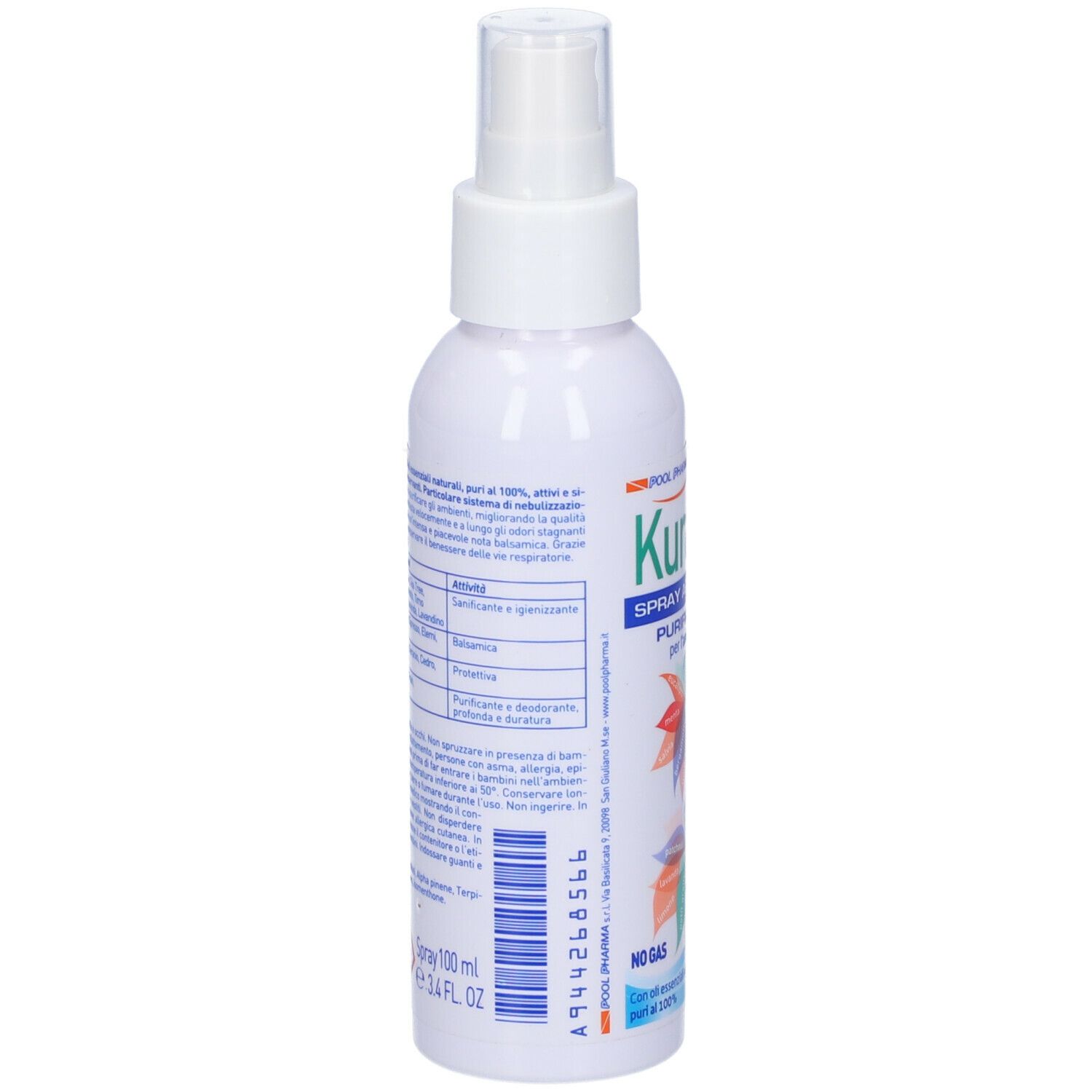 Flacon spray blanc avec étiquette. Texte: Kuraflu, Spray Aria Pura. Ingrédients et avertissements. Code-barres.