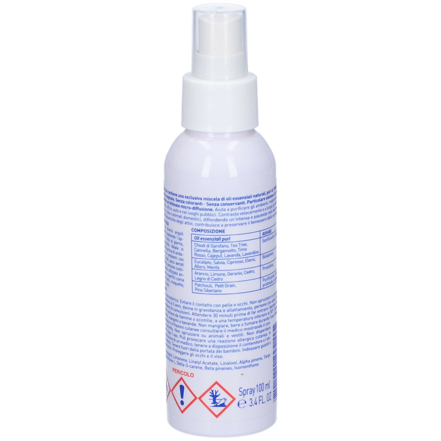 Flacon spray blanc avec texte. Texte: Kuraflu, Spray Aria Pura. Avertissements et ingrédients. Symboles de danger.