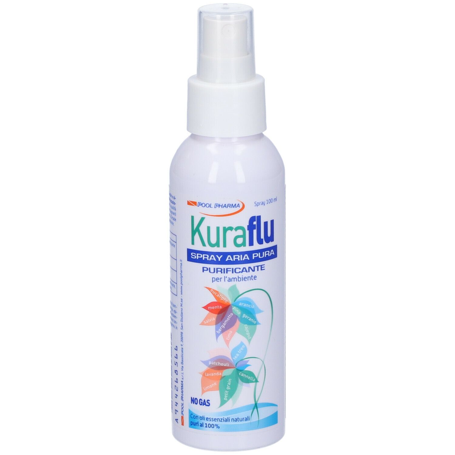 Flacon spray blanc Kuraflu. Texte: Spray Aria Pura, Purificante per l'ambiente. Motif floral coloré.