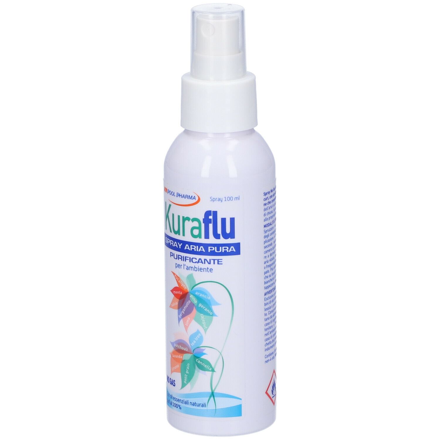 Flacon spray blanc Kuraflu. Texte: Spray Aria Pura, Purificante per l'ambiente. Motif floral coloré.