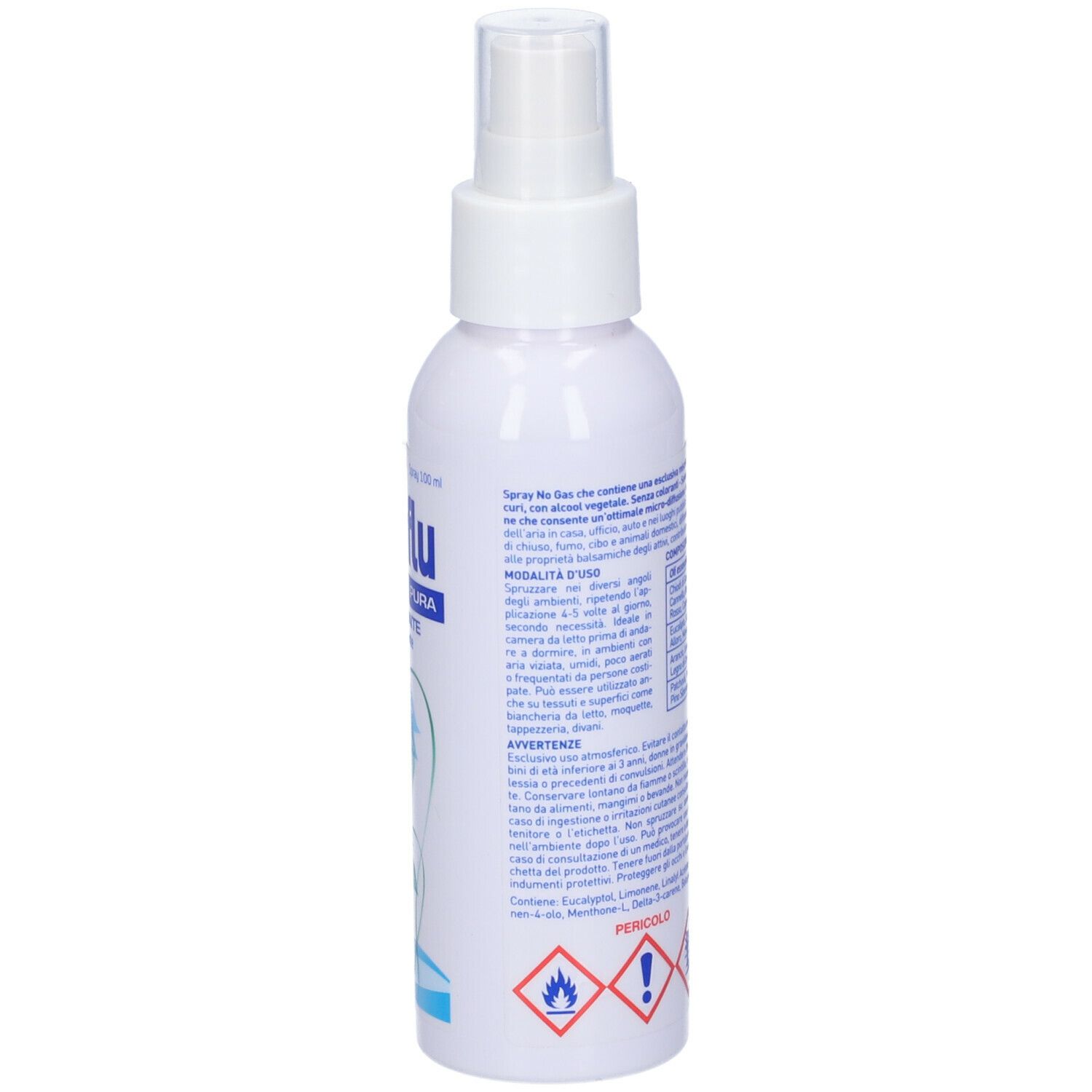 Flacon spray blanc avec texte. Texte: Kuraflu, Spray Aria Pura. Avertissements et instructions. Symboles de danger.