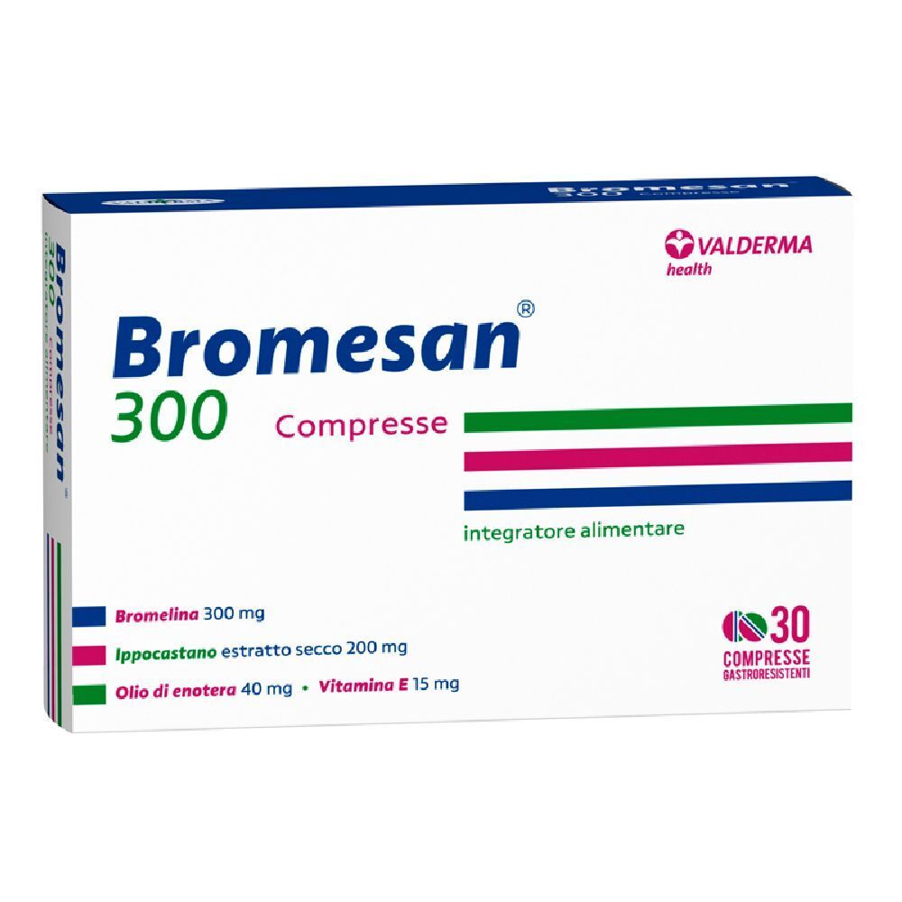 Boîte de Bromesan 300, 30 comprimés. Carton blanc et bleu, nom du produit et ingrédients visibles.