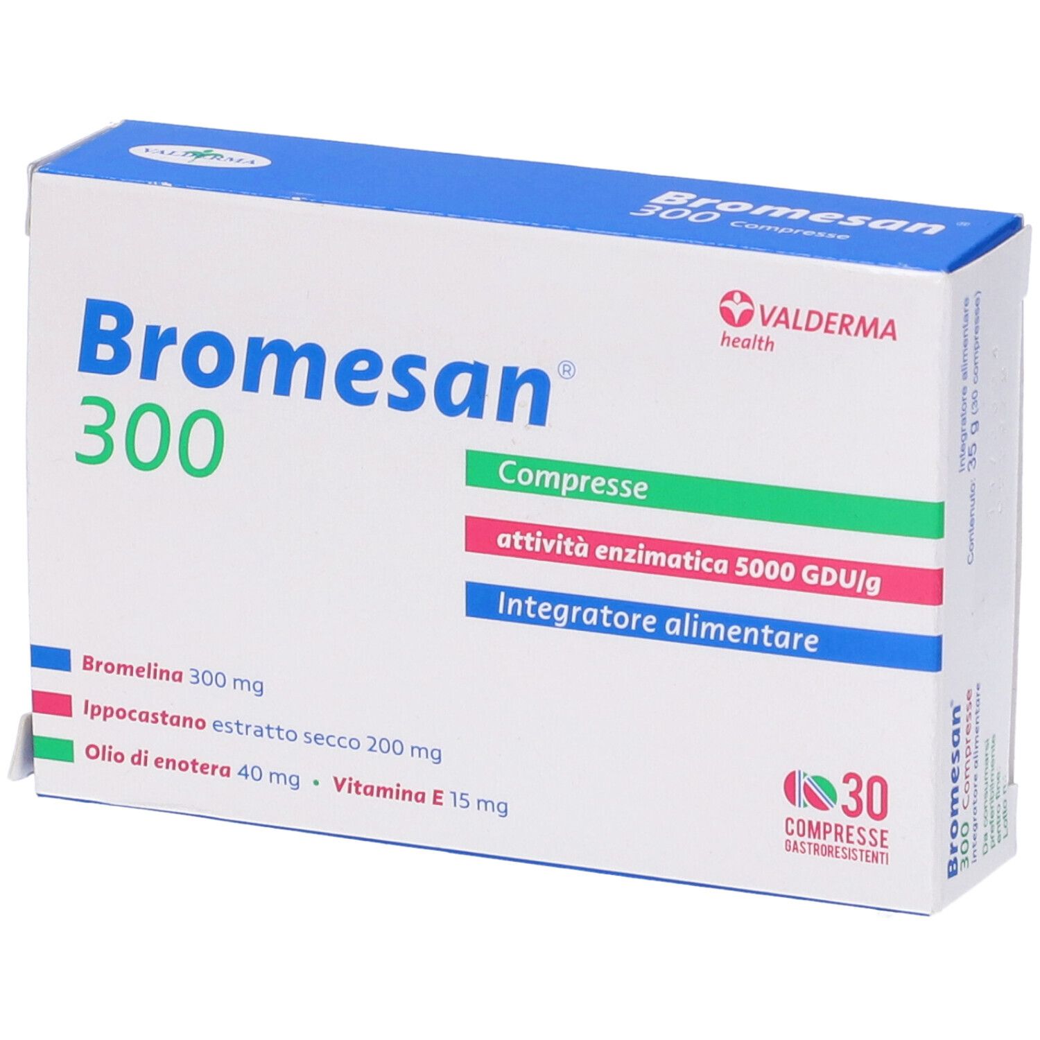 Bromesan 300, 30 comprimés. Boîte blanche et bleue, nom du produit, ingrédients et 30 comprimés.
