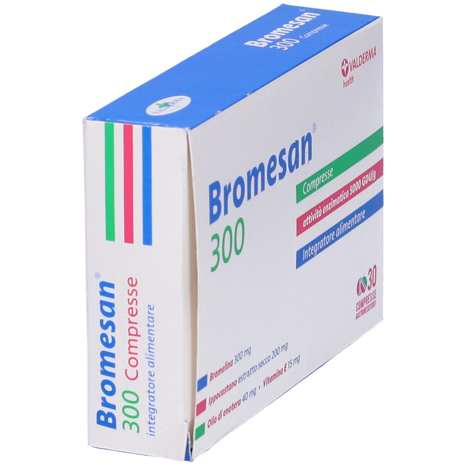 Bromesan 300, 30 comprimés. Boîte en biais, blanche et bleue, nom du produit et ingrédients.