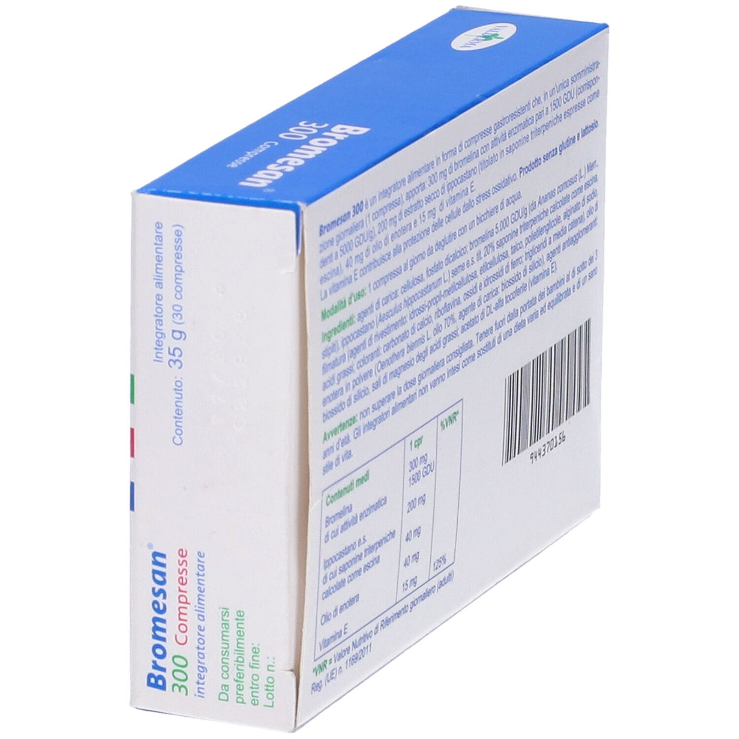 Boîte Bromesan 300, en biais. Contient ingrédients, informations nutritionnelles et avertissements.