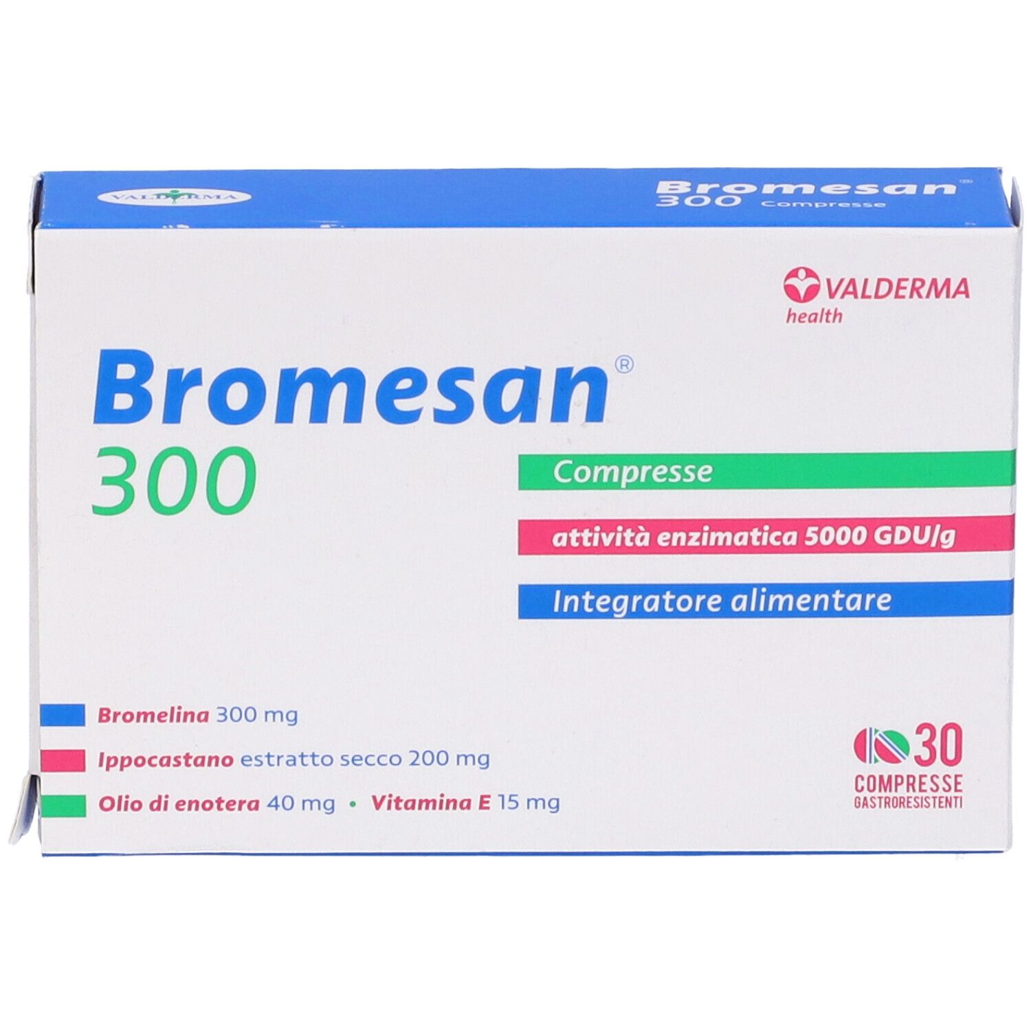 Bromesan 300, 30 comprimés. Boîte blanche et bleue, nom du produit, ingrédients et 30 comprimés.