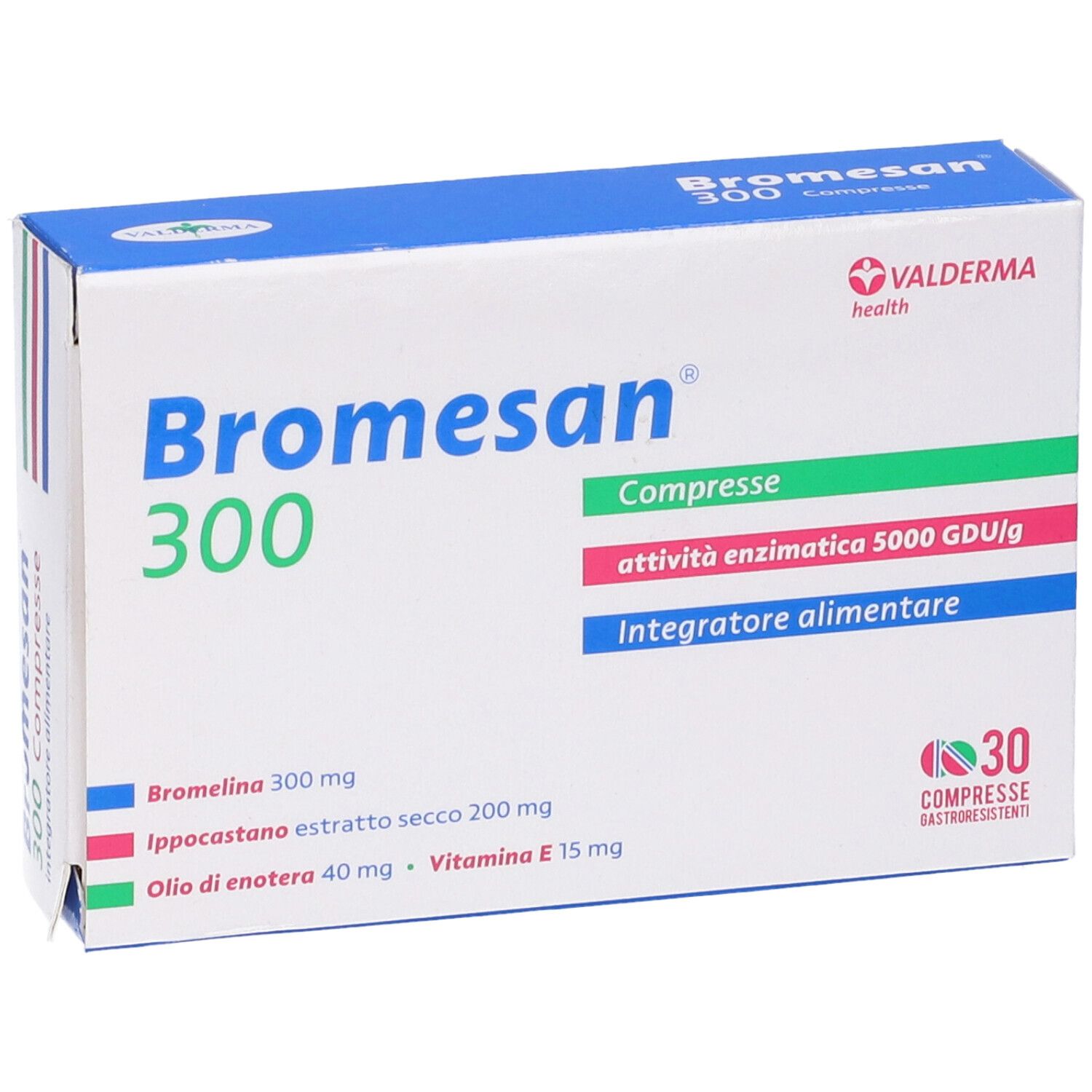 Bromesan 300, 30 comprimés. Boîte blanche et bleue, nom du produit, ingrédients et 30 comprimés.