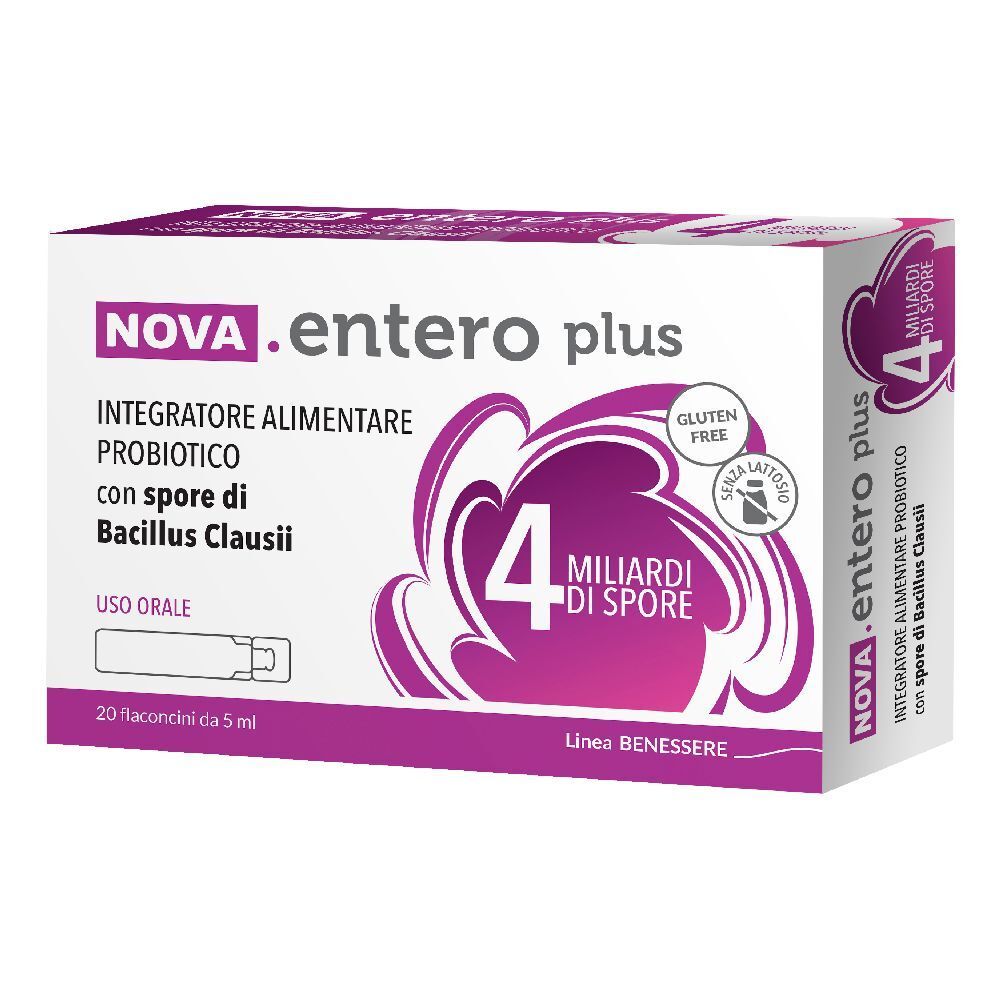 Verpackung von NOVA.entero plus, 20 Fläschchen. Enthält 4 Milliarden Sporen. Gluten- und laktosefrei.